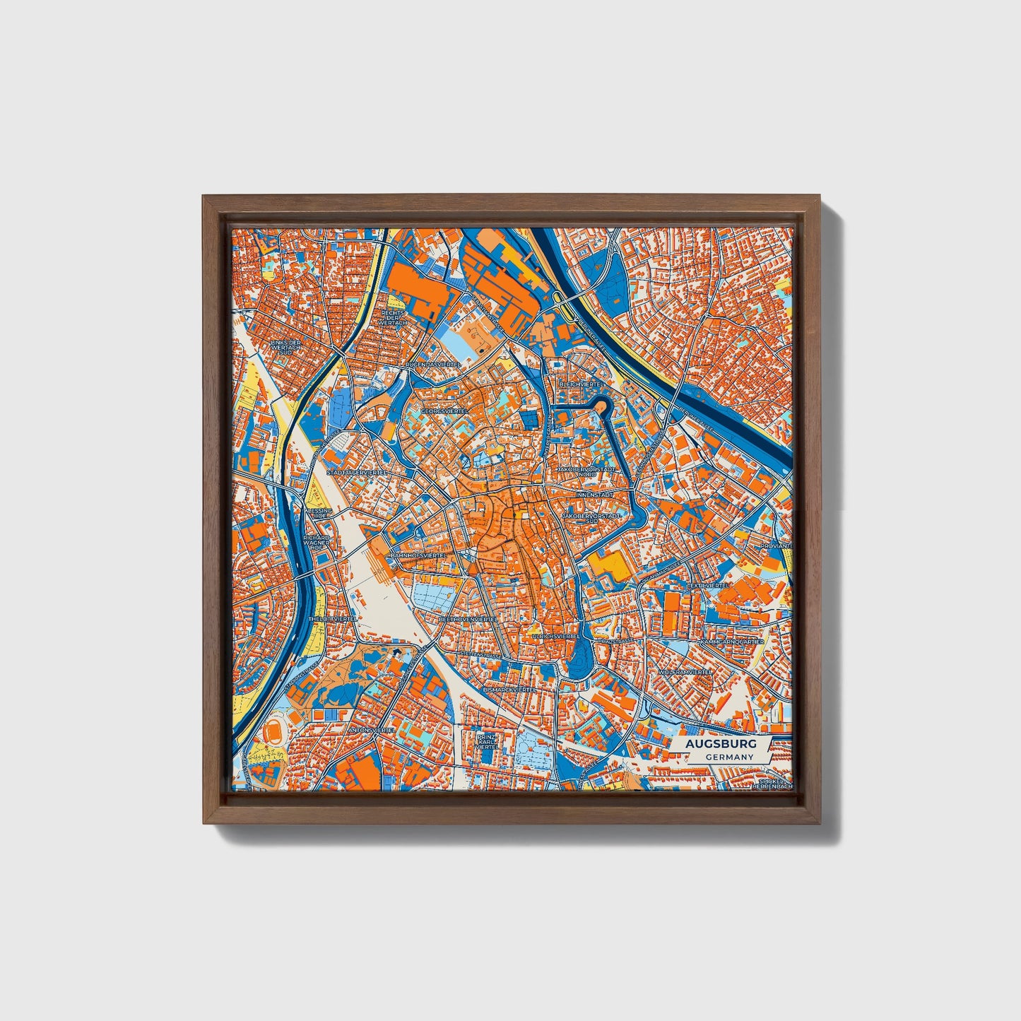 Augsburg Germany Colorful City Map Canvas Print • Dark Wooden Framed
