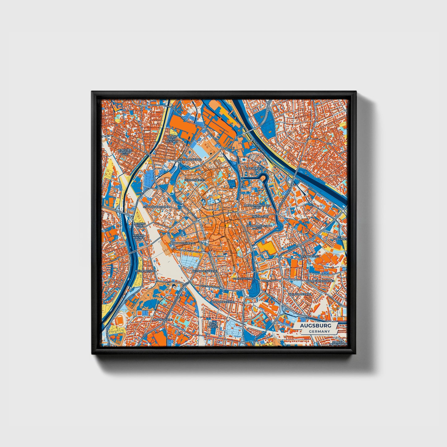 Augsburg Germany Colorful City Map Canvas Print • Black Framed