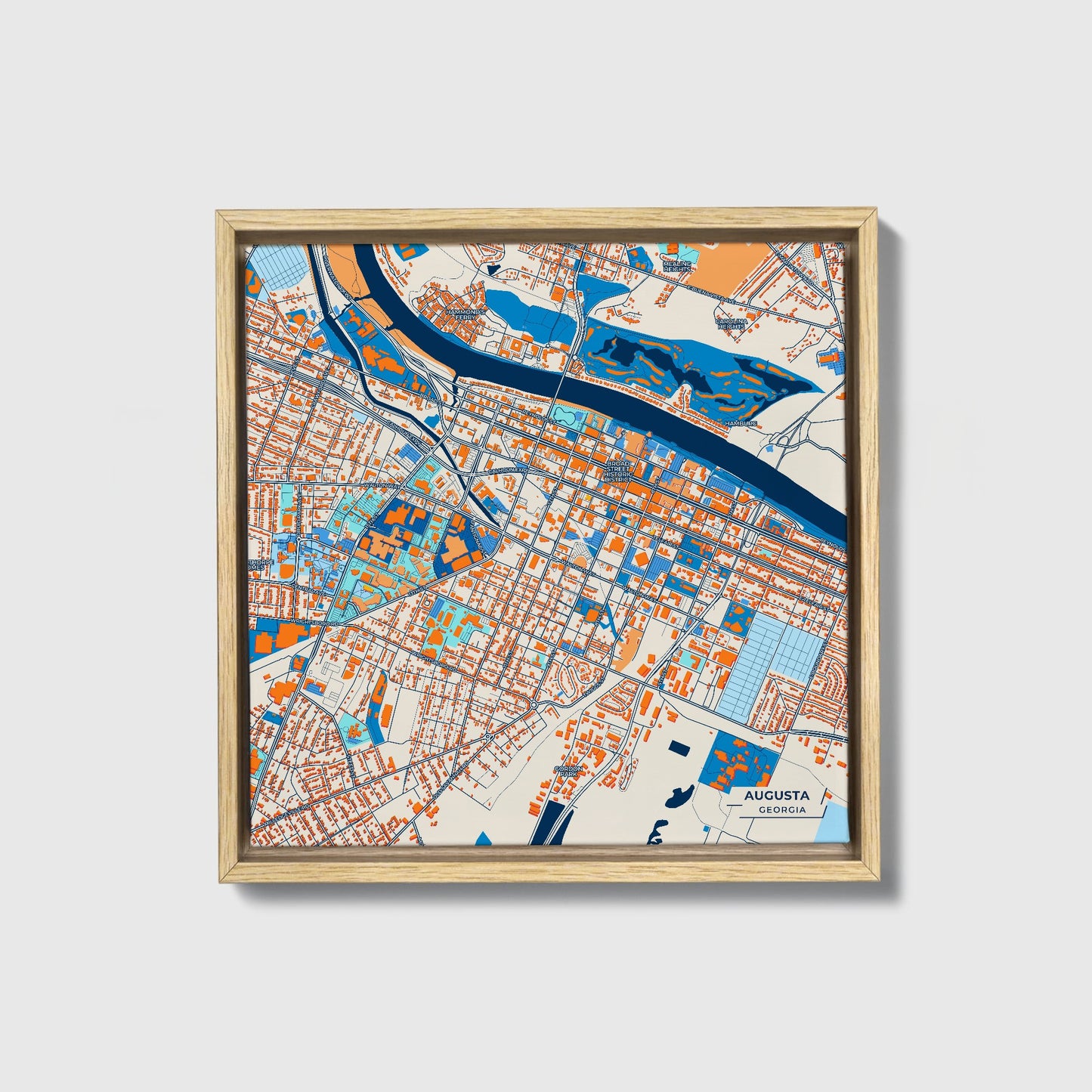 Augusta Georgia Colorful City Map Canvas Print • Natural Wooden Framed