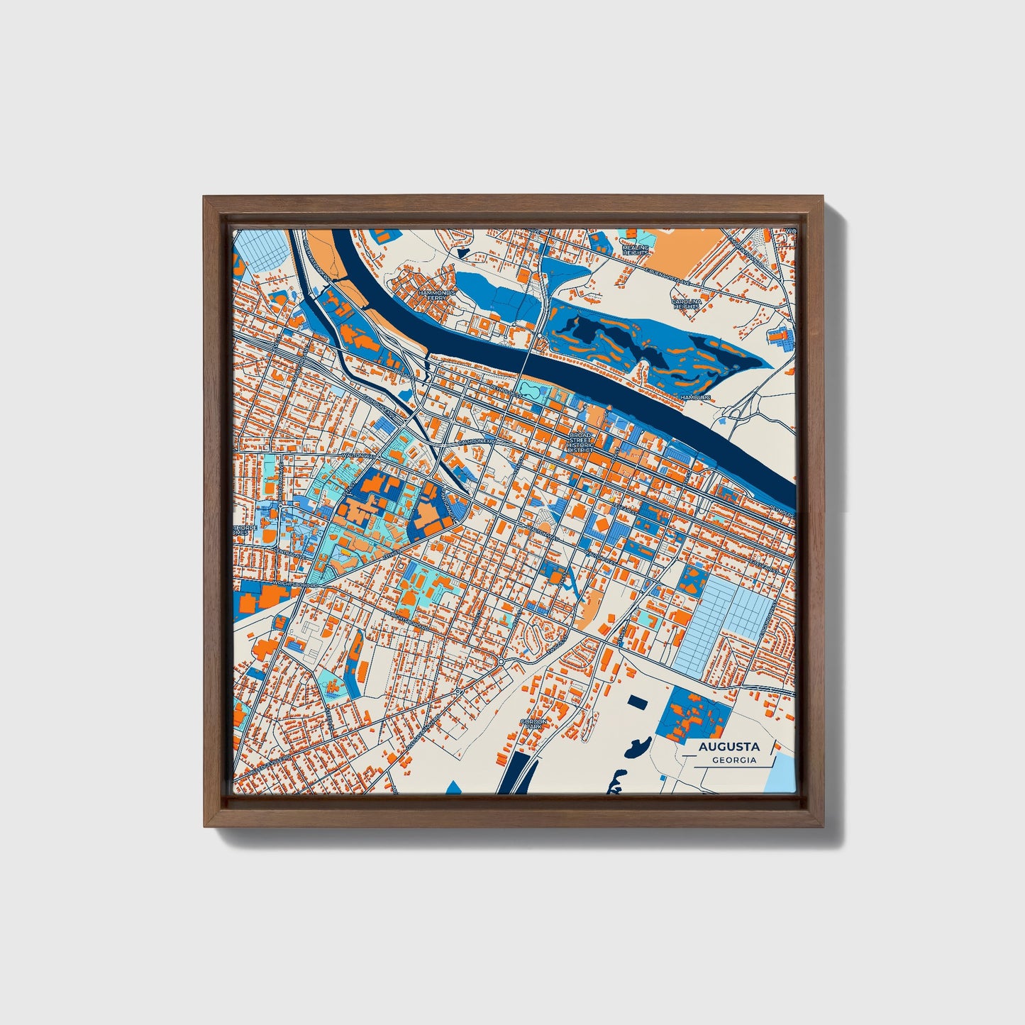 Augusta Georgia Colorful City Map Canvas Print • Dark Wooden Framed