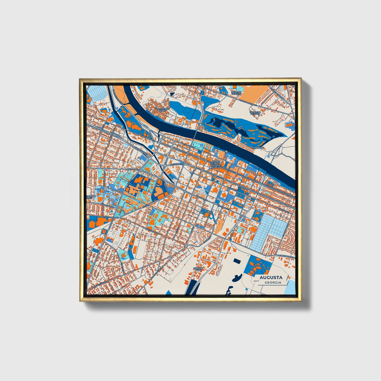 Augusta Georgia Colorful City Map Canvas Print • Gold Framed