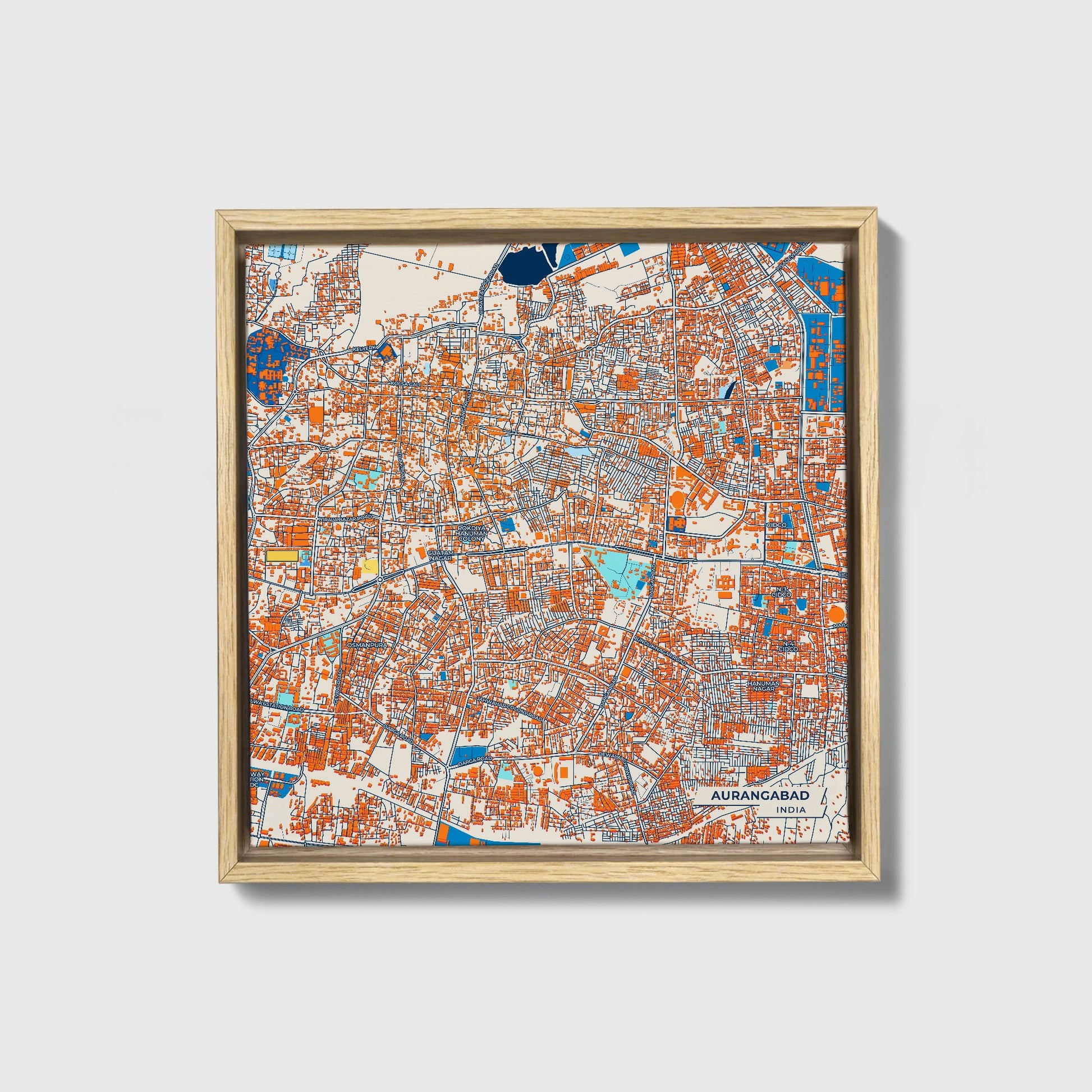 Aurangabad India Colorful City Map Canvas Print • Natural Wooden Framed