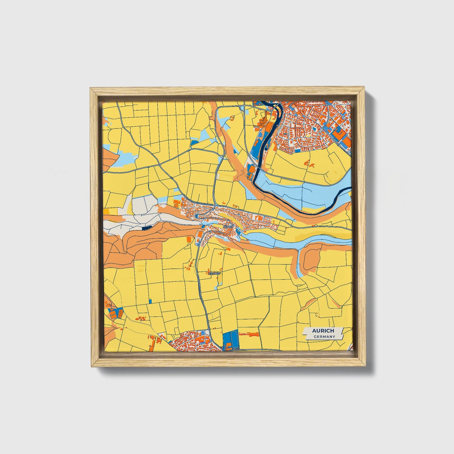 Aurich Germany Colorful City Map Canvas Print • Natural Wooden Framed