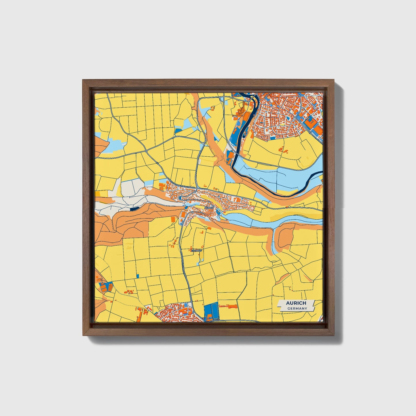 Aurich Germany Colorful City Map Canvas Print • Dark Wooden Framed