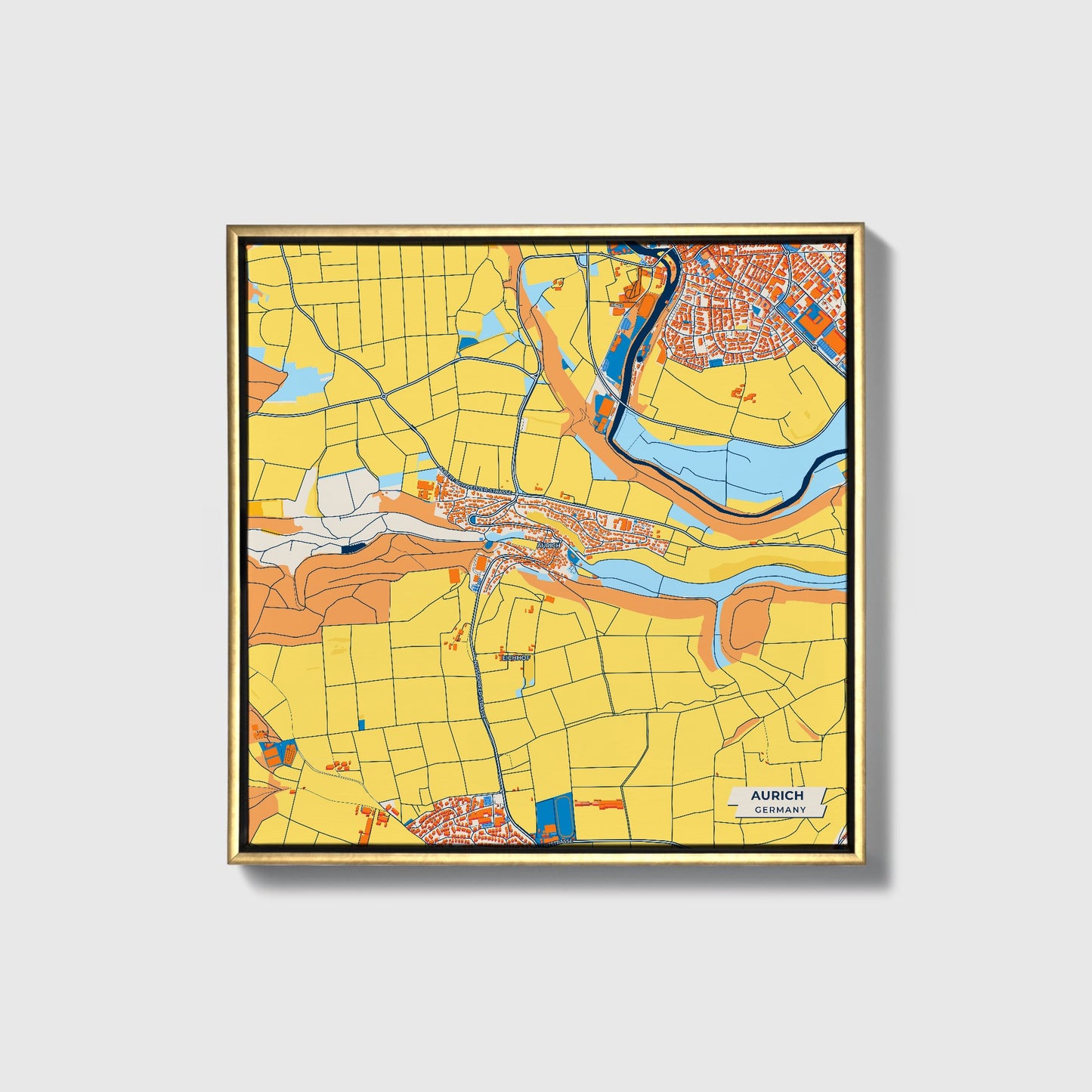 Aurich Germany Colorful City Map Canvas Print • Gold Framed