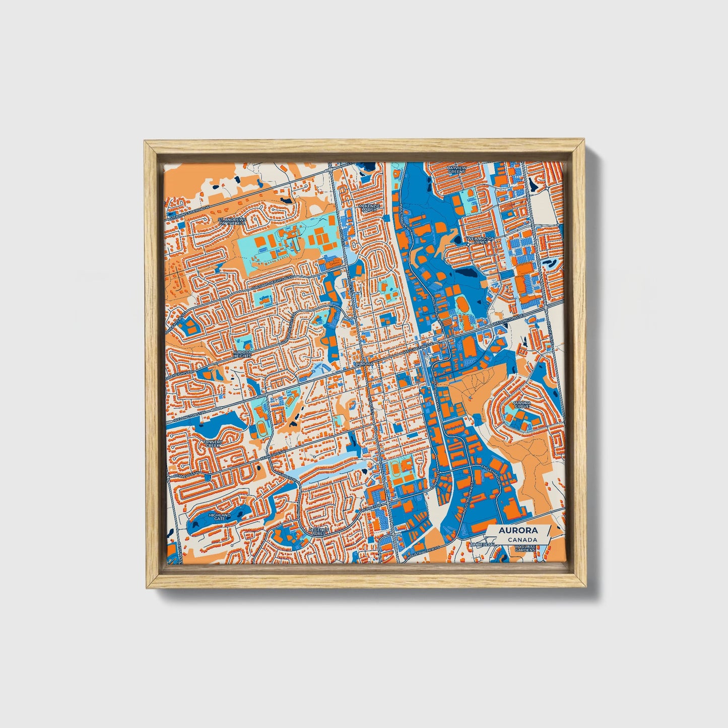 Aurora Canada Colorful City Map Canvas Print • Natural Wooden Framed
