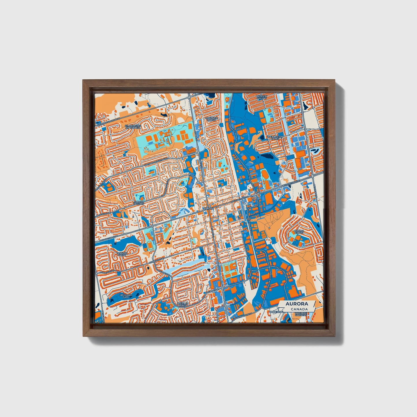 Aurora Canada Colorful City Map Canvas Print • Dark Wooden Framed