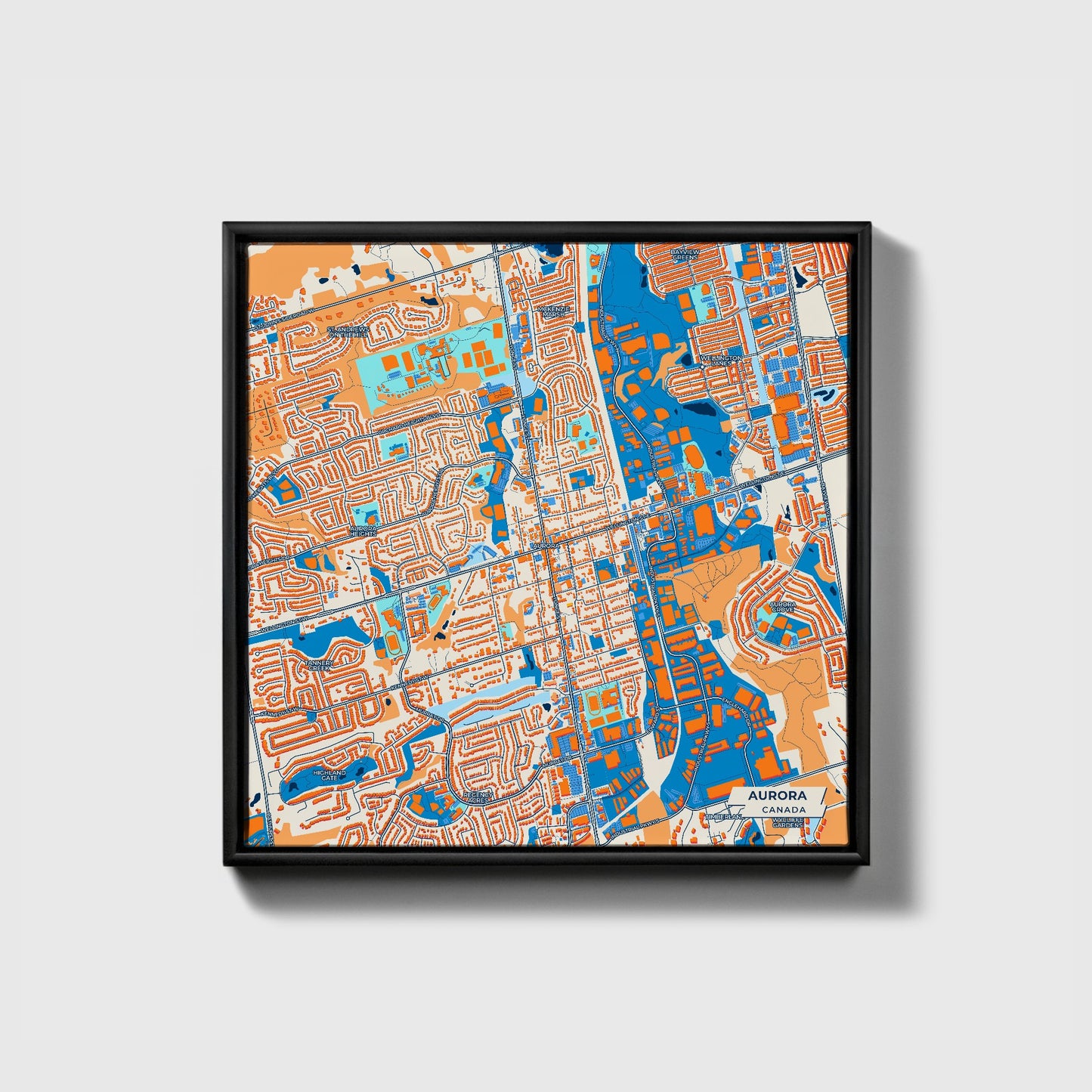 Aurora Canada Colorful City Map Canvas Print • Black Framed