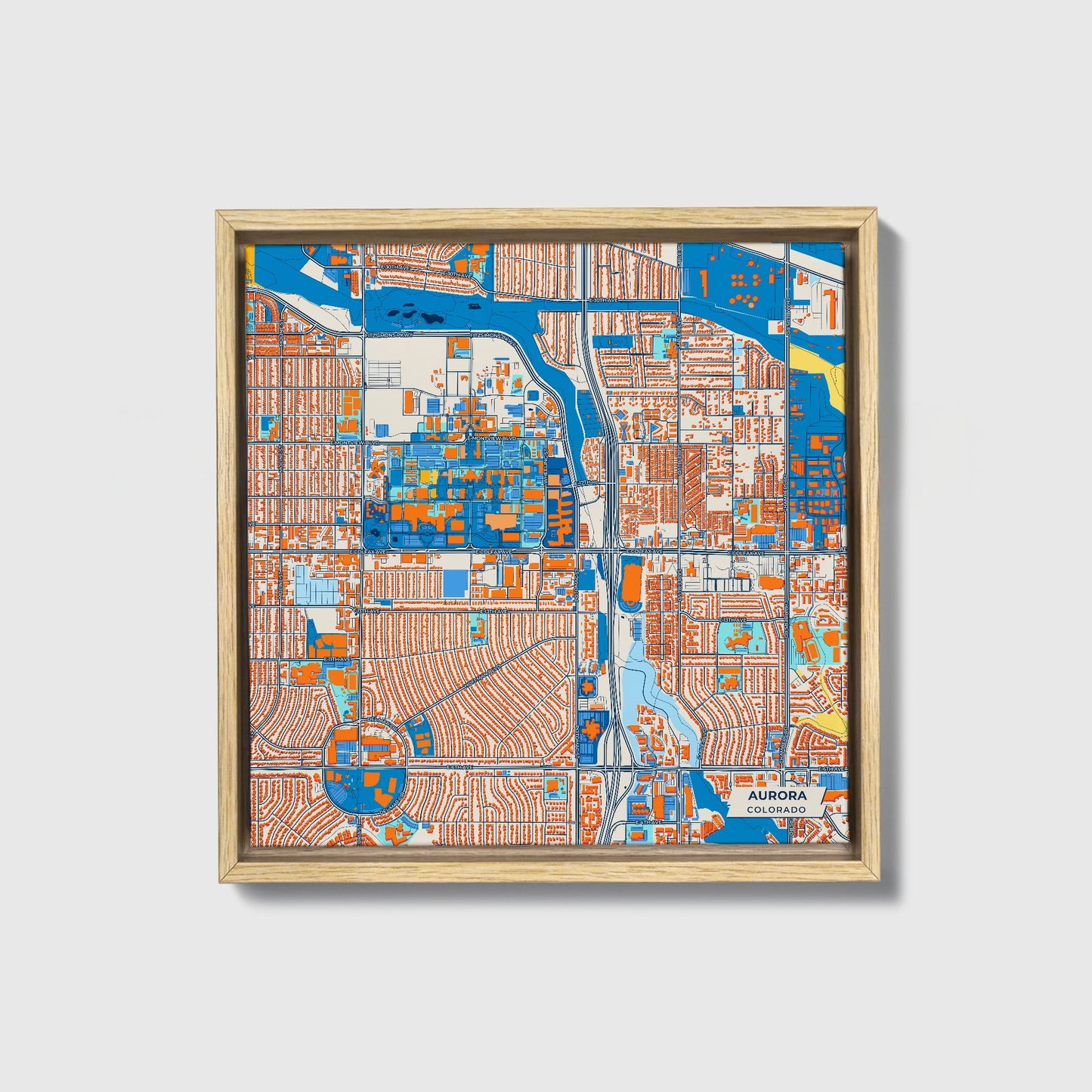 Aurora Colorado Colorful City Map Canvas Print • Natural Wooden Framed