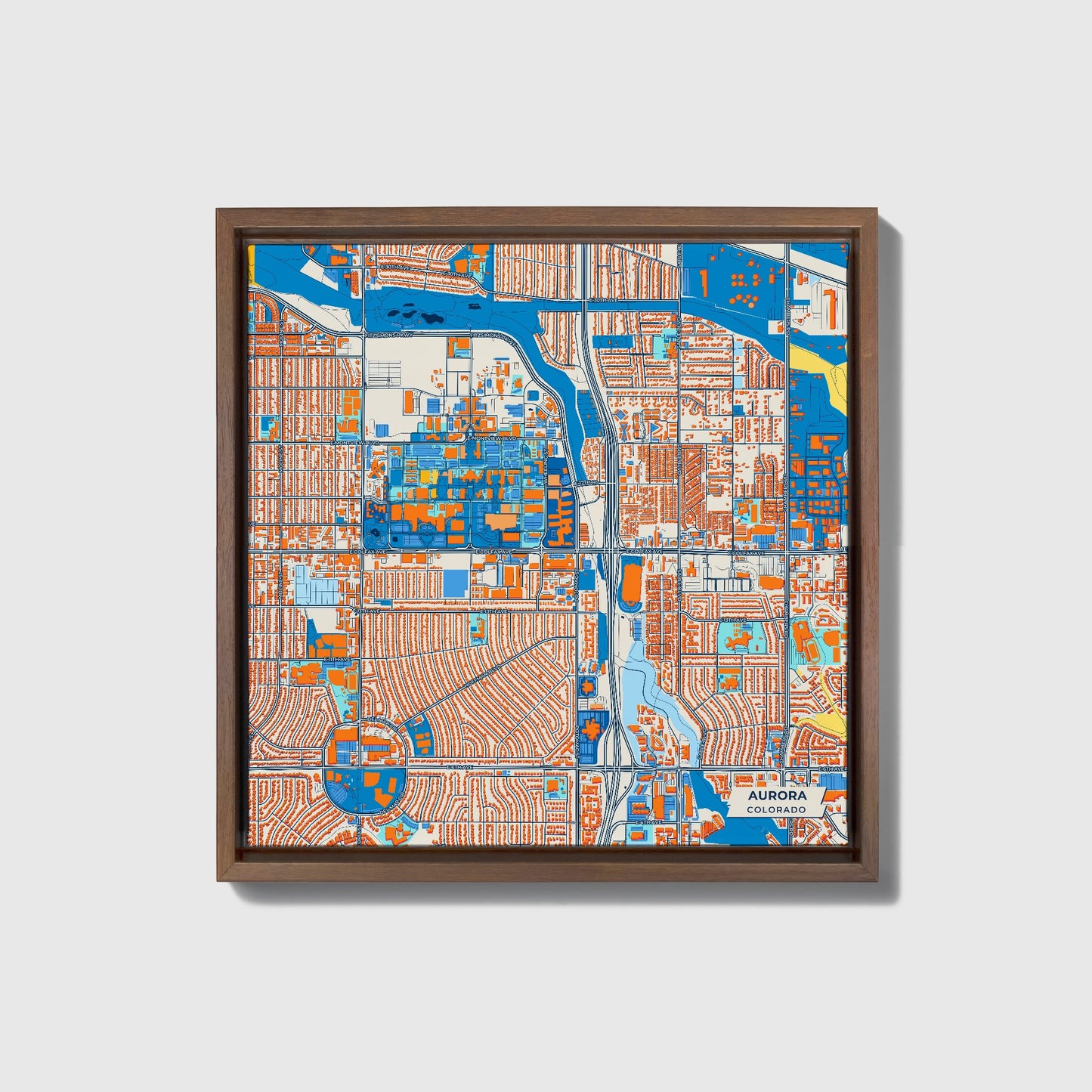 Aurora Colorado Colorful City Map Canvas Print • Dark Wooden Framed