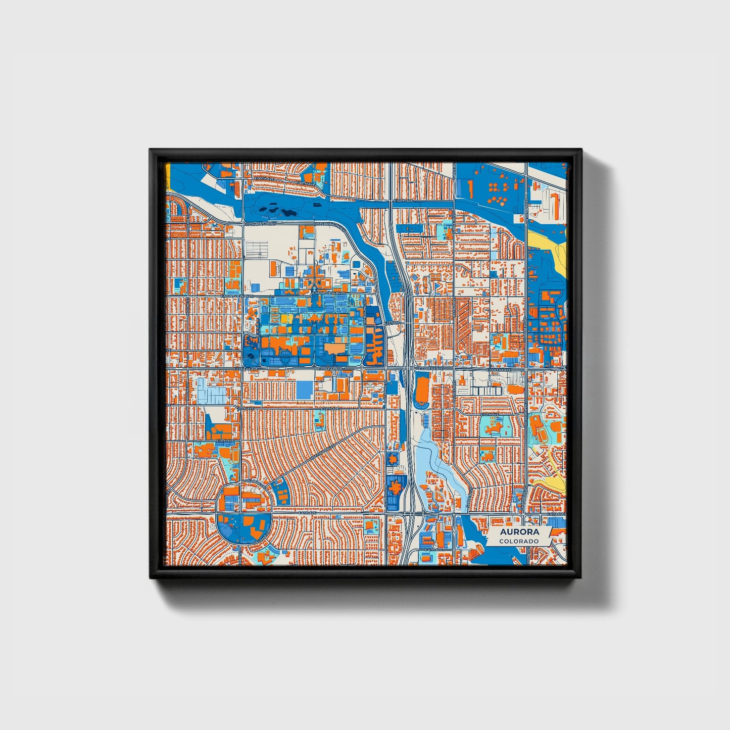 Aurora Colorado Colorful City Map Canvas Print • Black Framed