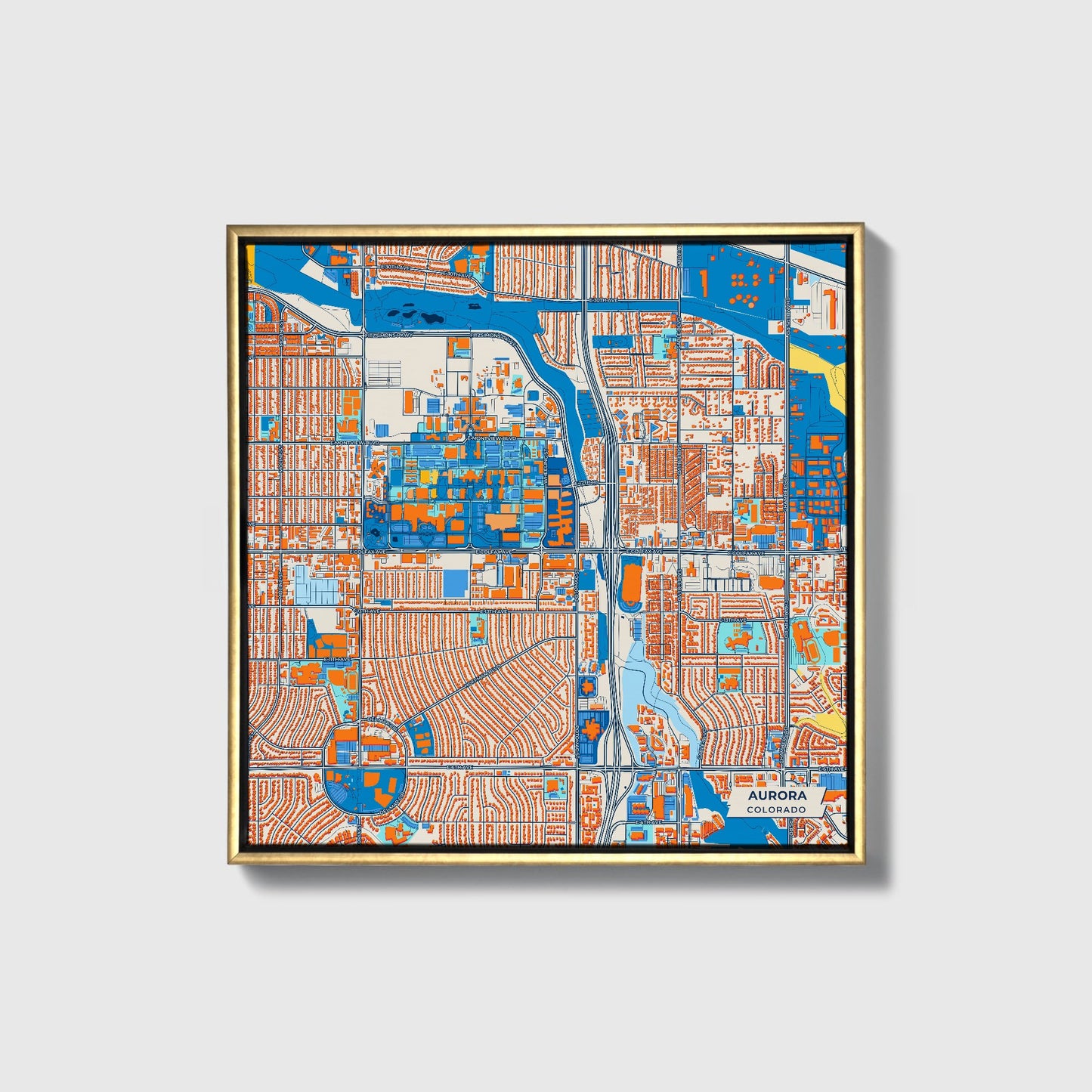 Aurora Colorado Colorful City Map Canvas Print • Gold Framed