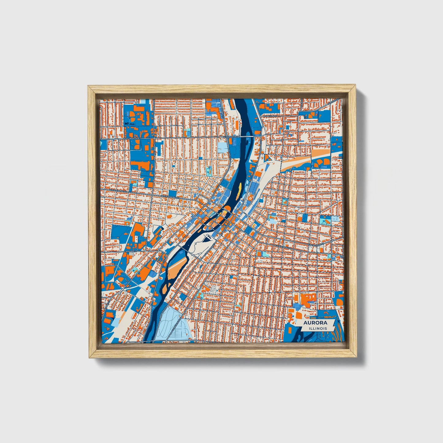 Aurora Illinois Colorful City Map Canvas Print • Natural Wooden Framed