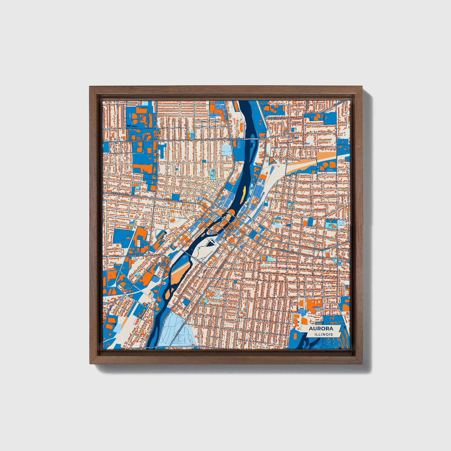 Aurora Illinois Colorful City Map Canvas Print • Dark Wooden Framed