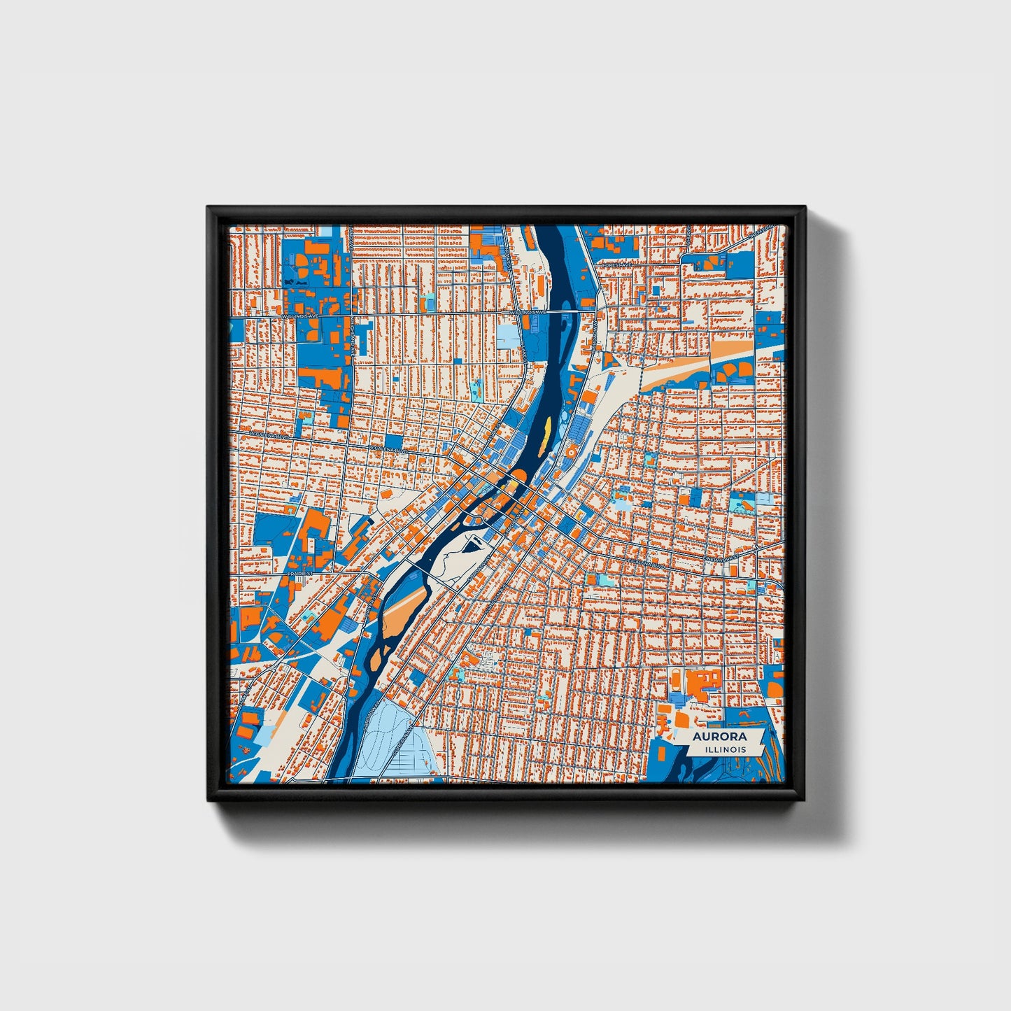 Aurora Illinois Colorful City Map Canvas Print • Black Framed