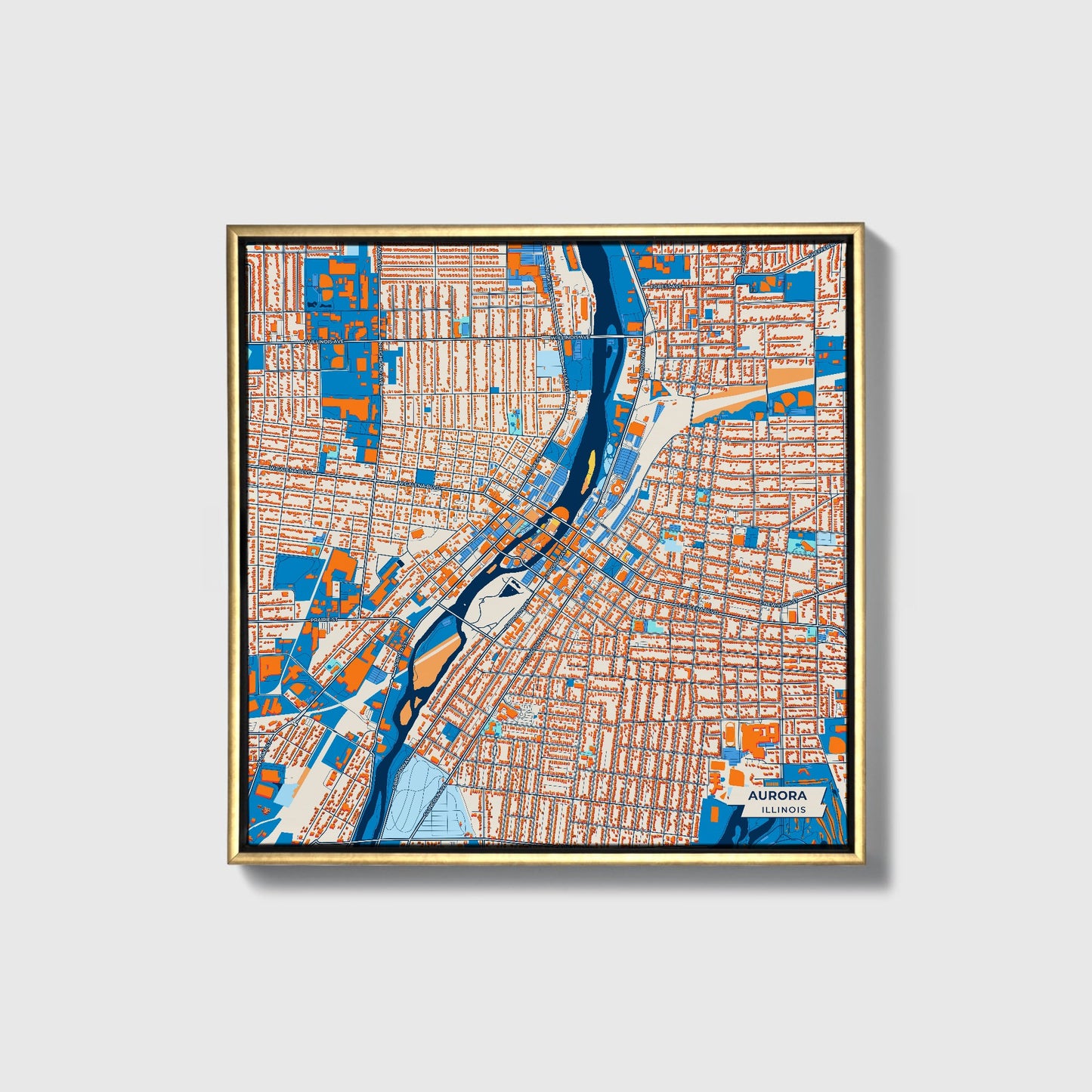 Aurora Illinois Colorful City Map Canvas Print • Gold Framed