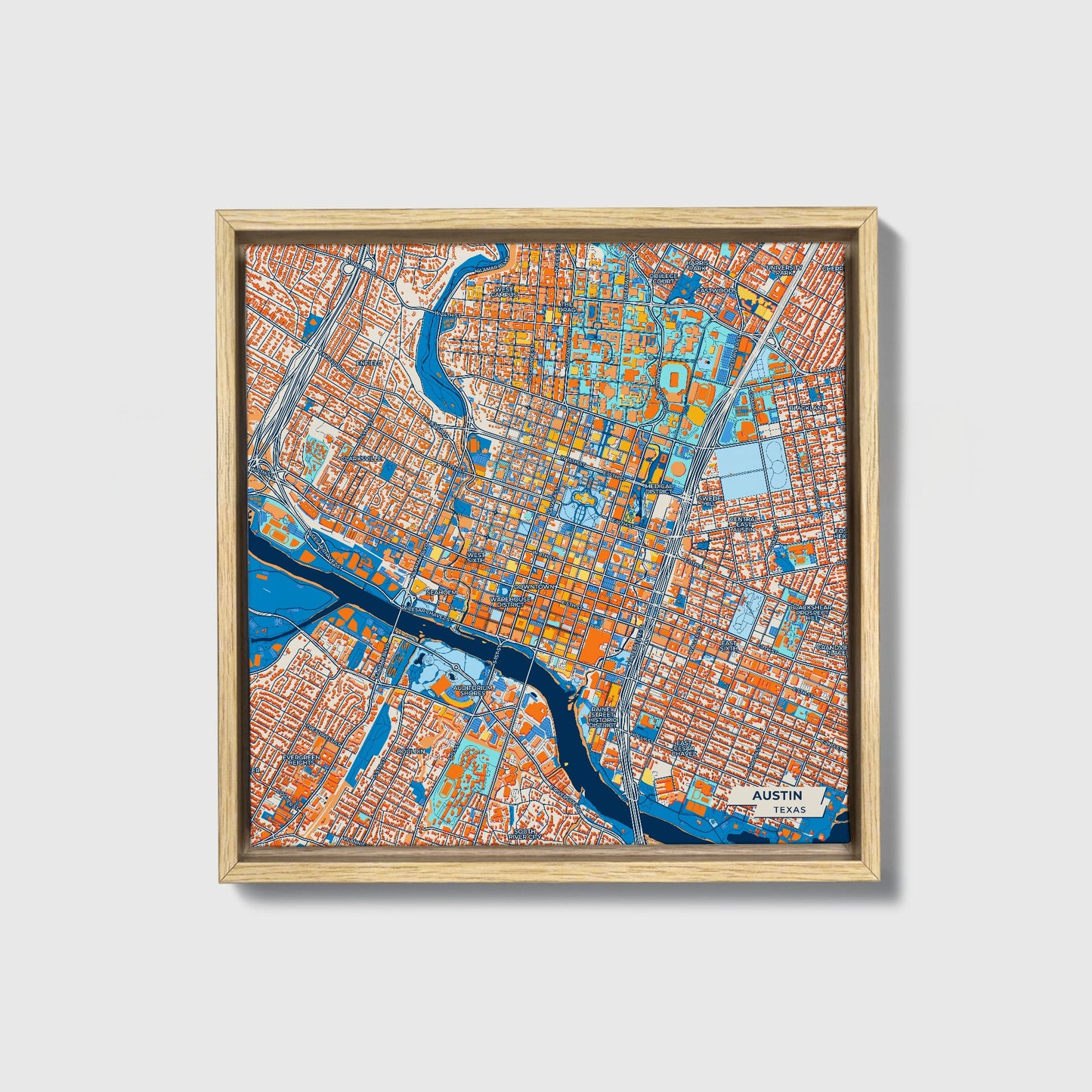 Austin Texas Colorful City Map Canvas Print • Natural Wooden Framed