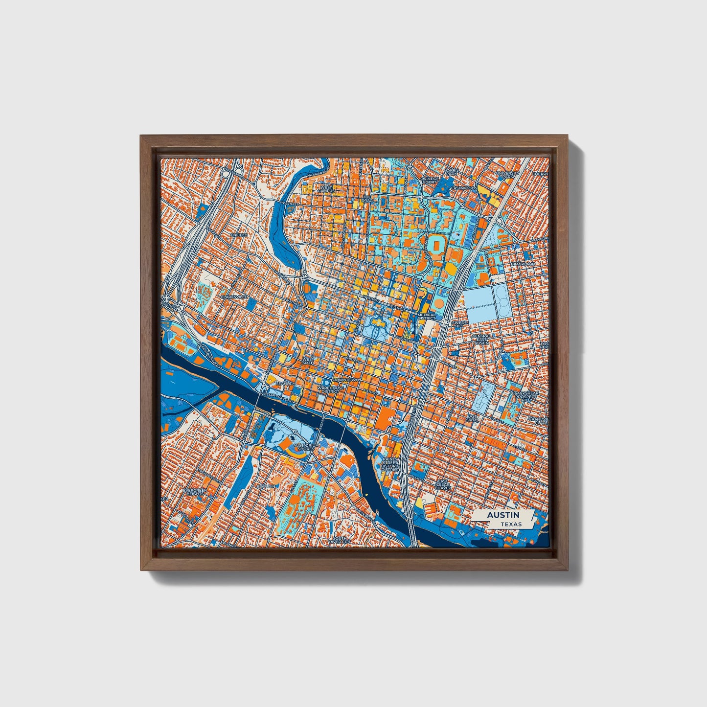 Austin Texas Colorful City Map Canvas Print • Dark Wooden Framed