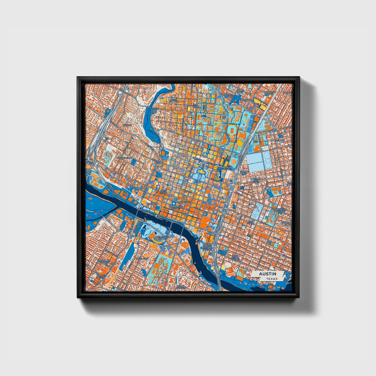 Austin Texas Colorful City Map Canvas Print • Black Framed