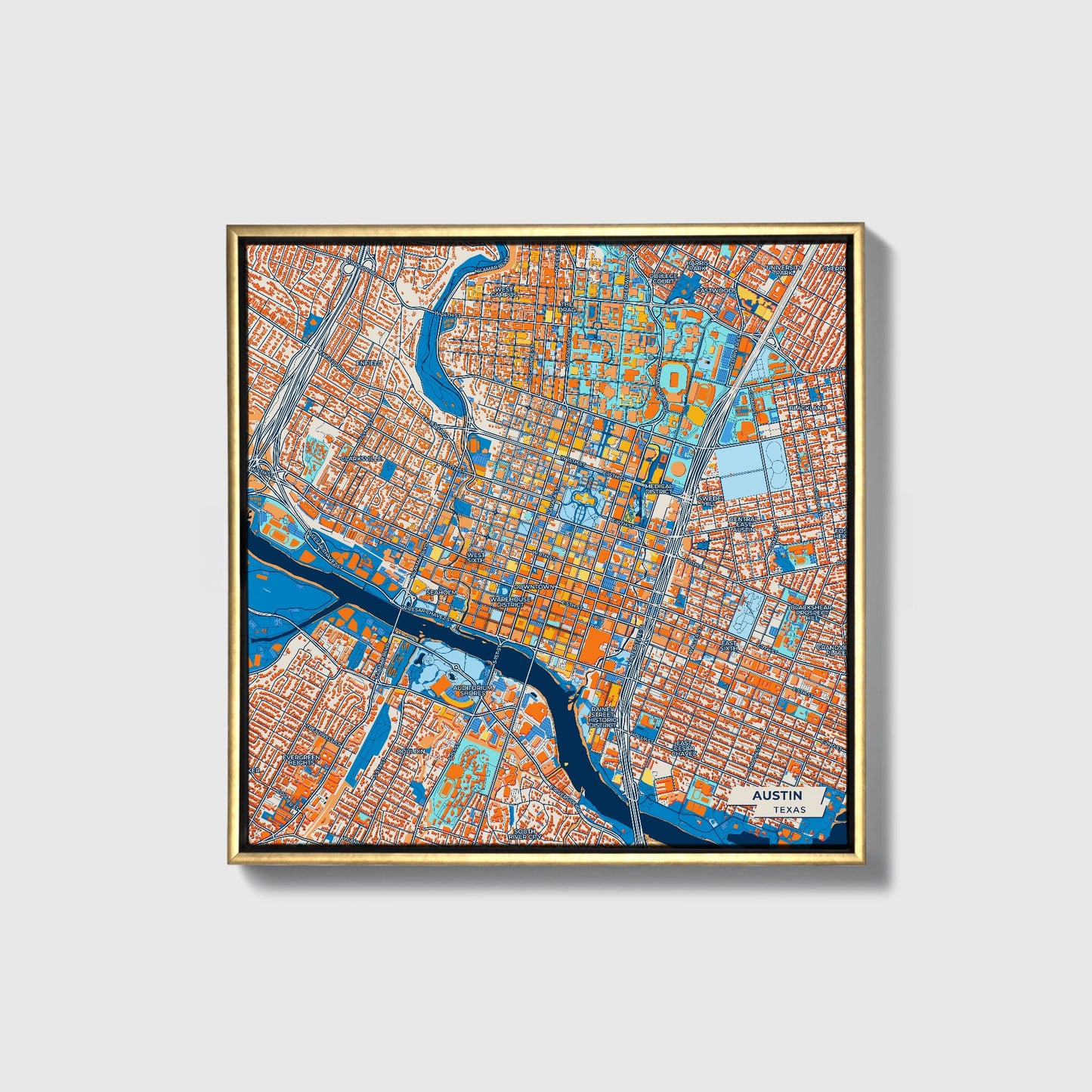 Austin Texas Colorful City Map Canvas Print • Gold Framed