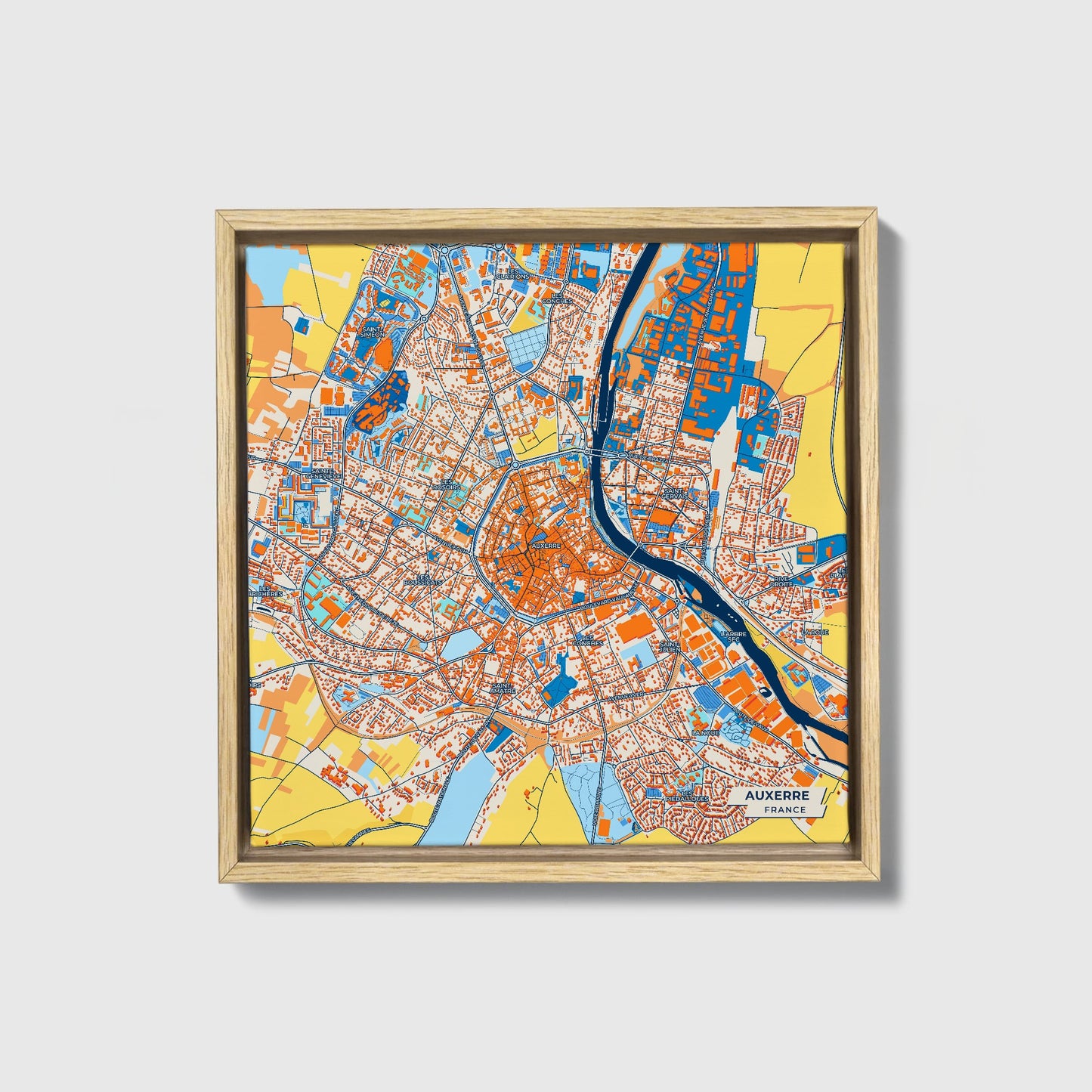 Auxerre France Colorful City Map Canvas Print • Natural Wooden Framed