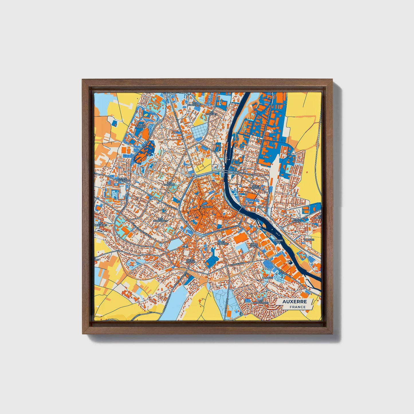 Auxerre France Colorful City Map Canvas Print • Dark Wooden Framed