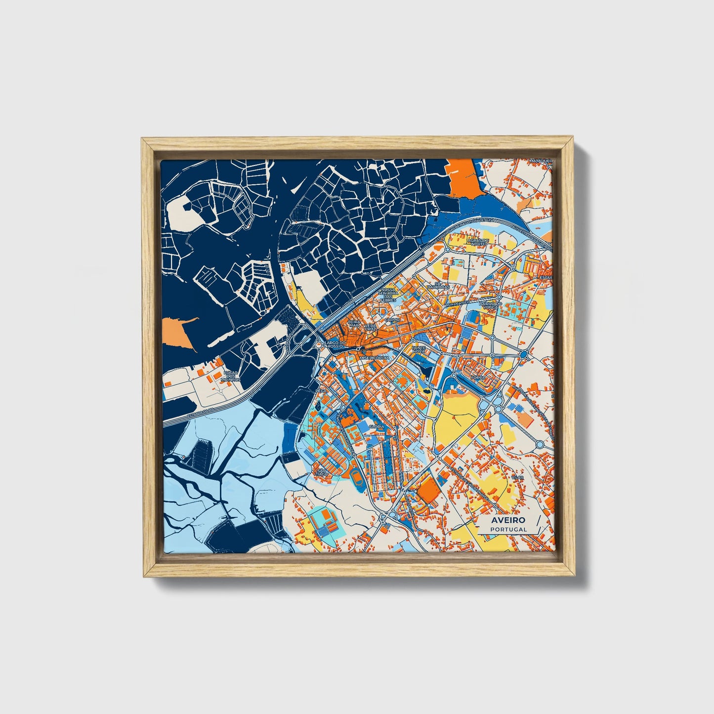Aveiro Portugal Colorful City Map Canvas Print • Natural Wooden Framed