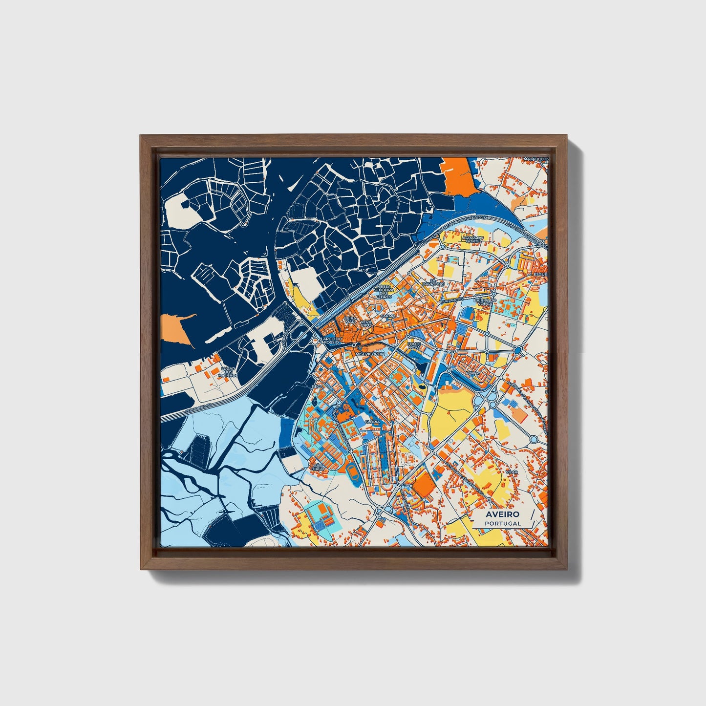 Aveiro Portugal Colorful City Map Canvas Print • Dark Wooden Framed