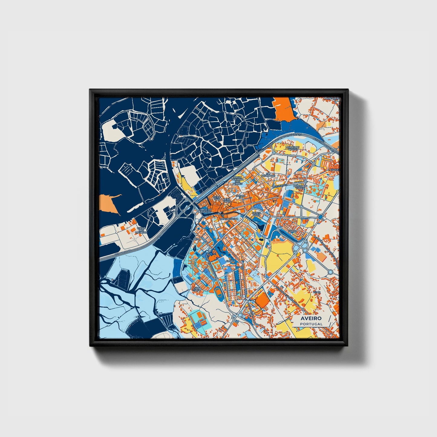 Aveiro Portugal Colorful City Map Canvas Print • Black Framed
