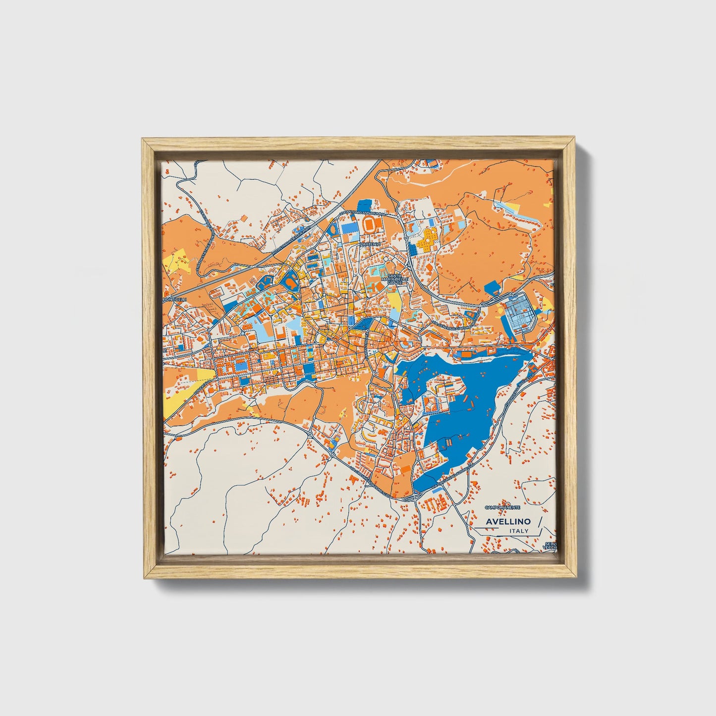 Avellino Italy Colorful City Map Canvas Print • Natural Wooden Framed