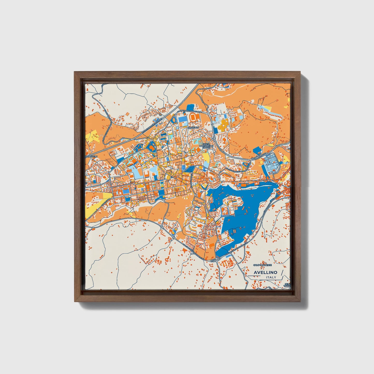Avellino Italy Colorful City Map Canvas Print • Dark Wooden Framed