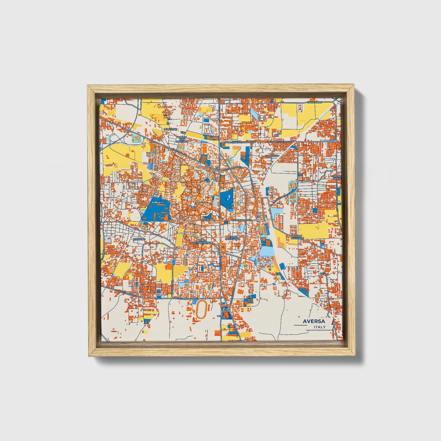 Aversa Italy Colorful City Map Canvas Print • Natural Wooden Framed