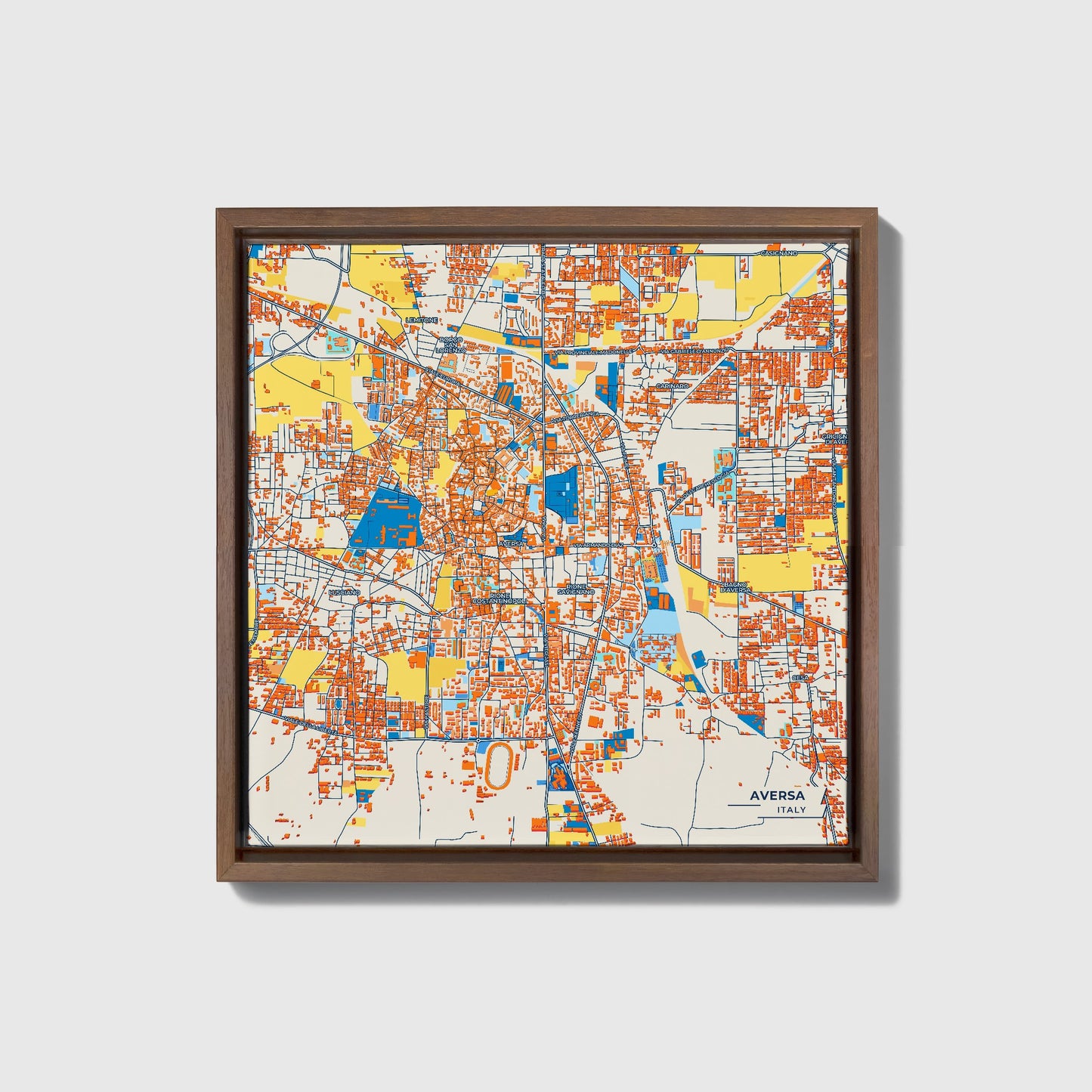 Aversa Italy Colorful City Map Canvas Print • Dark Wooden Framed