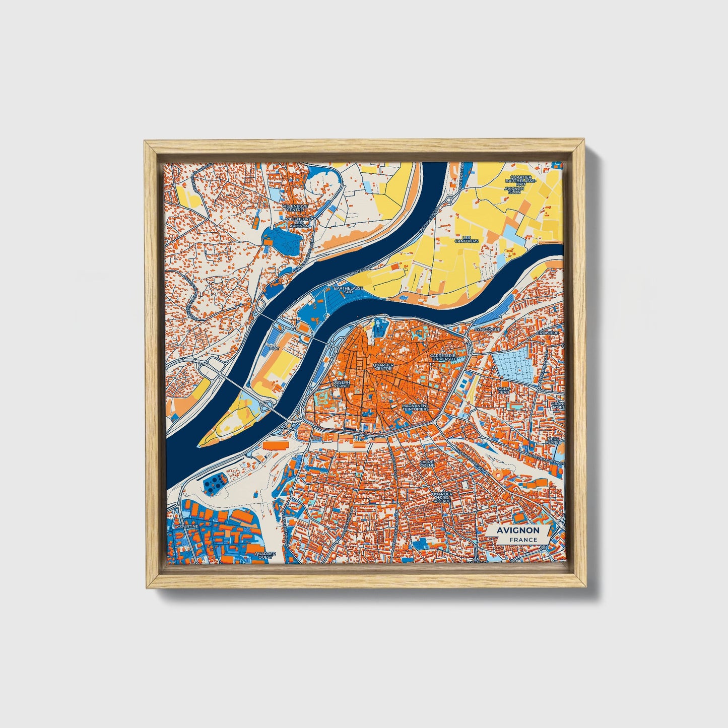 Avignon France Colorful City Map Canvas Print • Natural Wooden Framed
