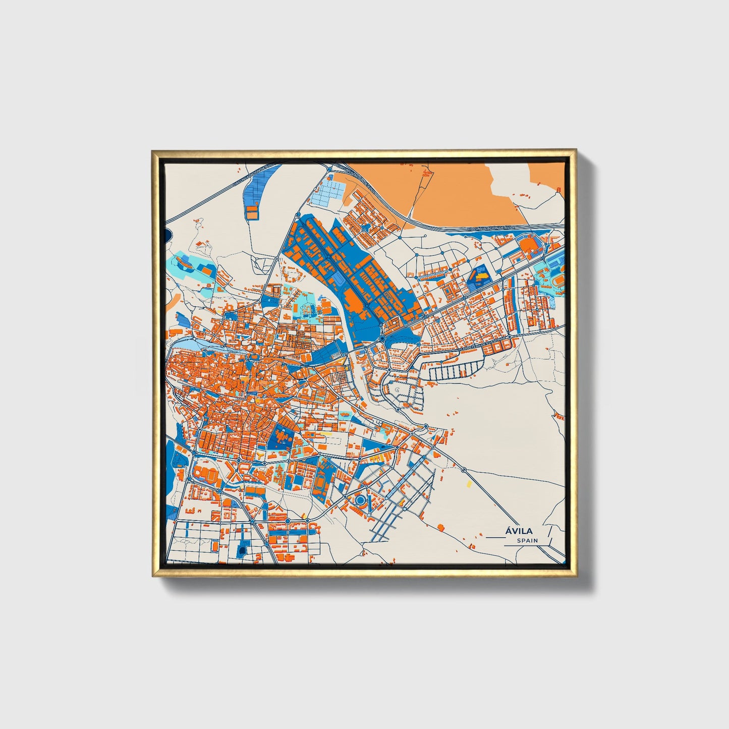 Ávila Spain Colorful City Map Canvas Print • Gold Framed