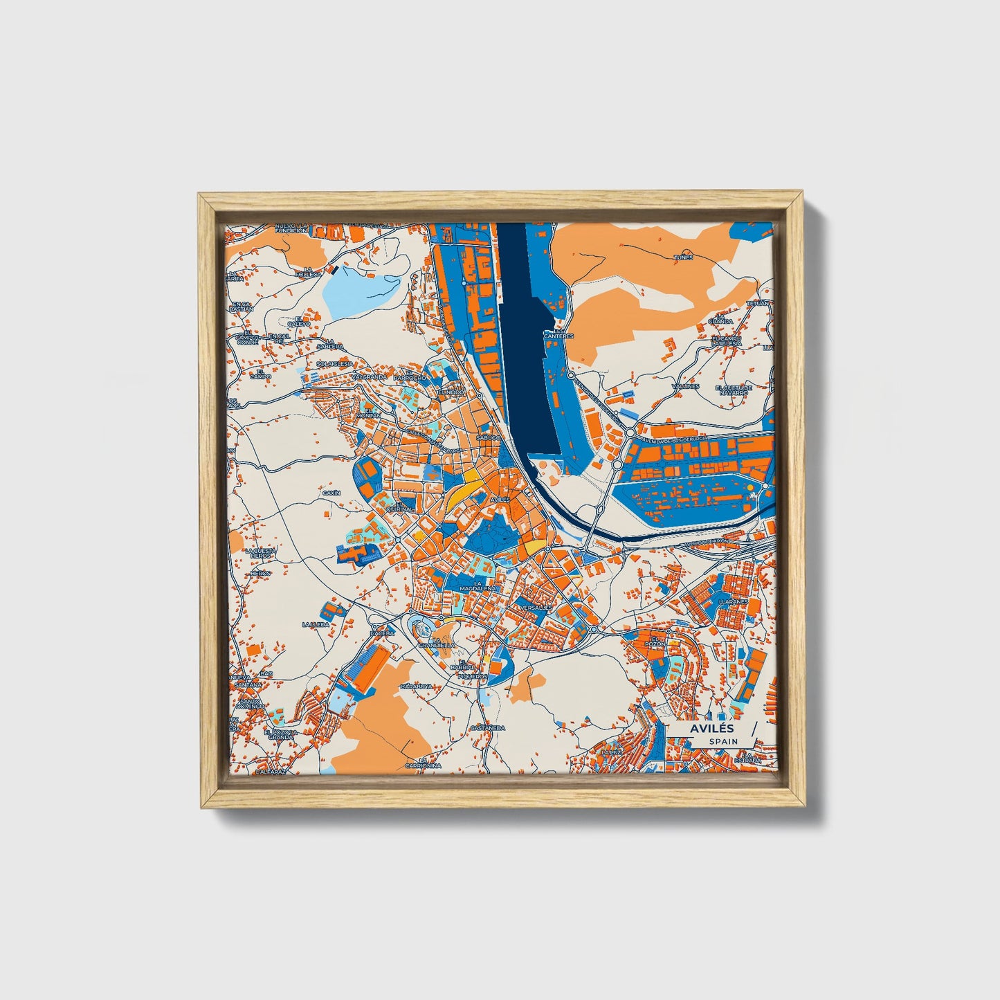 Avilés Spain Colorful City Map Canvas Print • Natural Wooden Framed