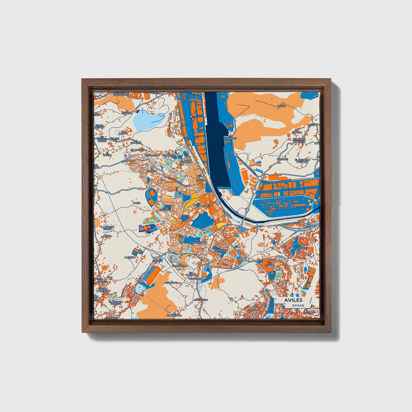 Avilés Spain Colorful City Map Canvas Print • Dark Wooden Framed