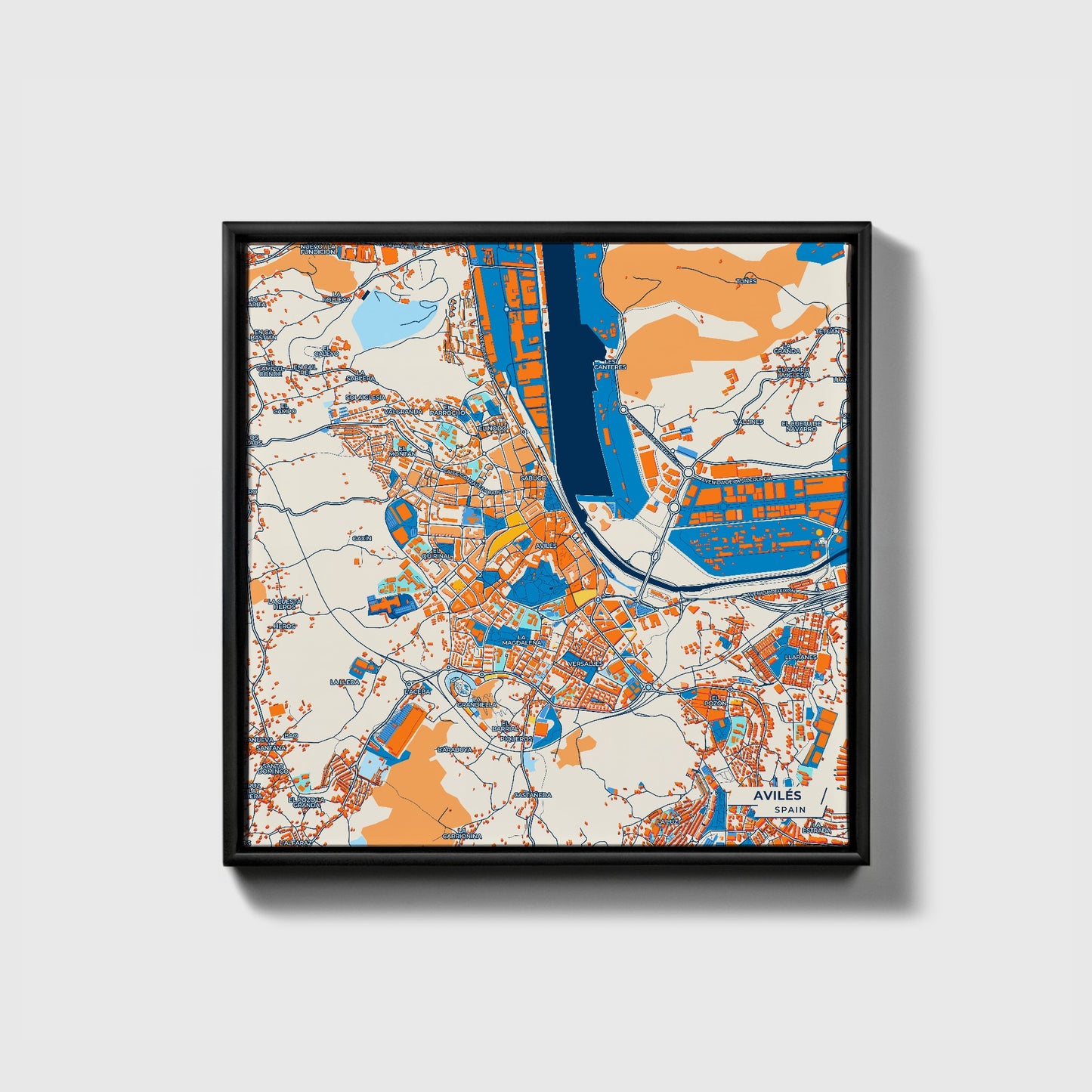 Avilés Spain Colorful City Map Canvas Print • Black Framed