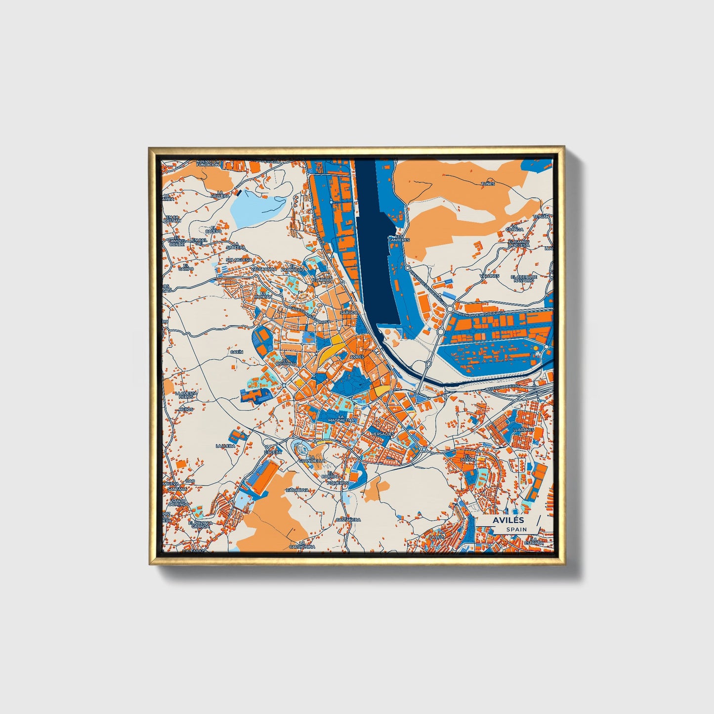 Avilés Spain Colorful City Map Canvas Print • Gold Framed