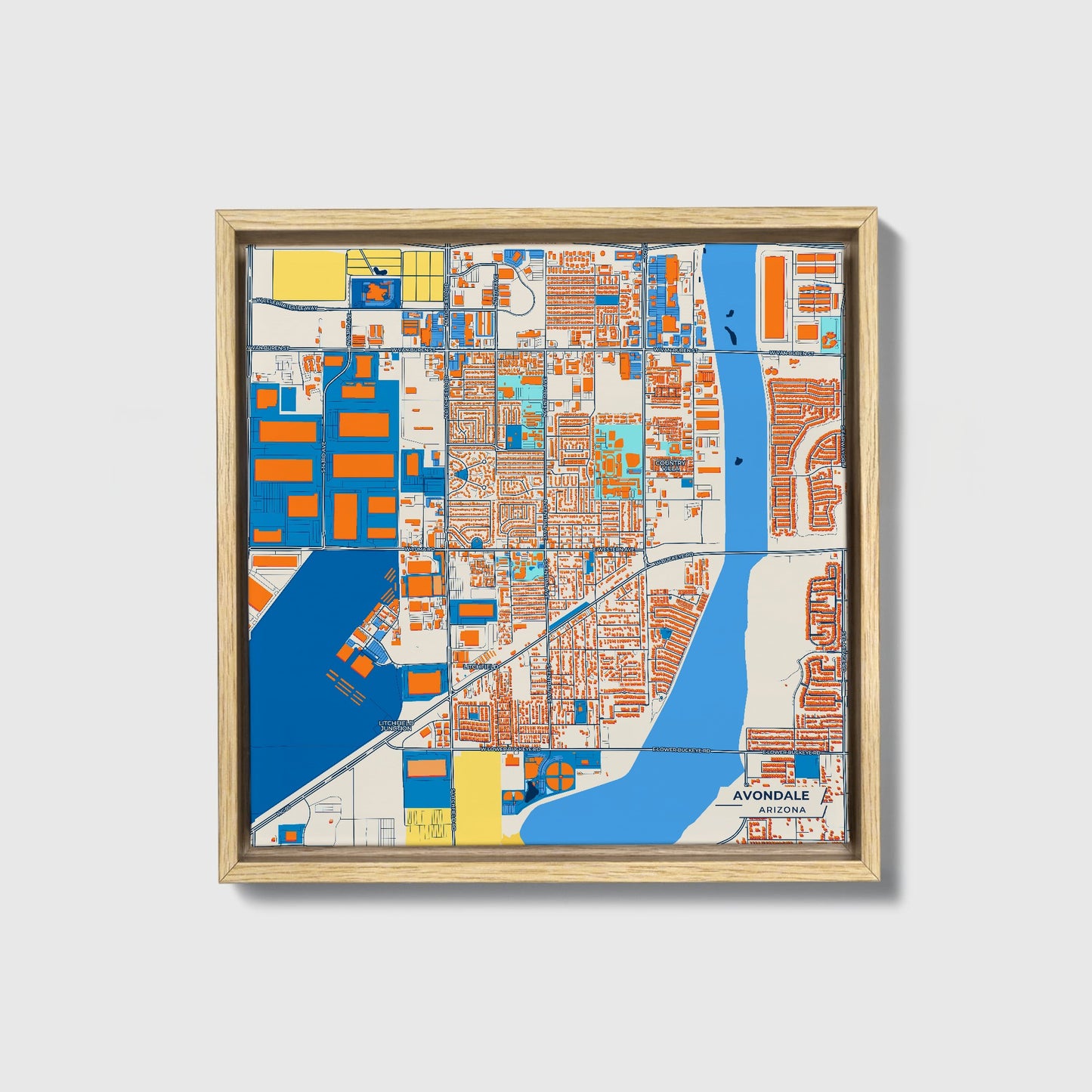 Avondale Arizona Colorful City Map Canvas Print • Natural Wooden Framed