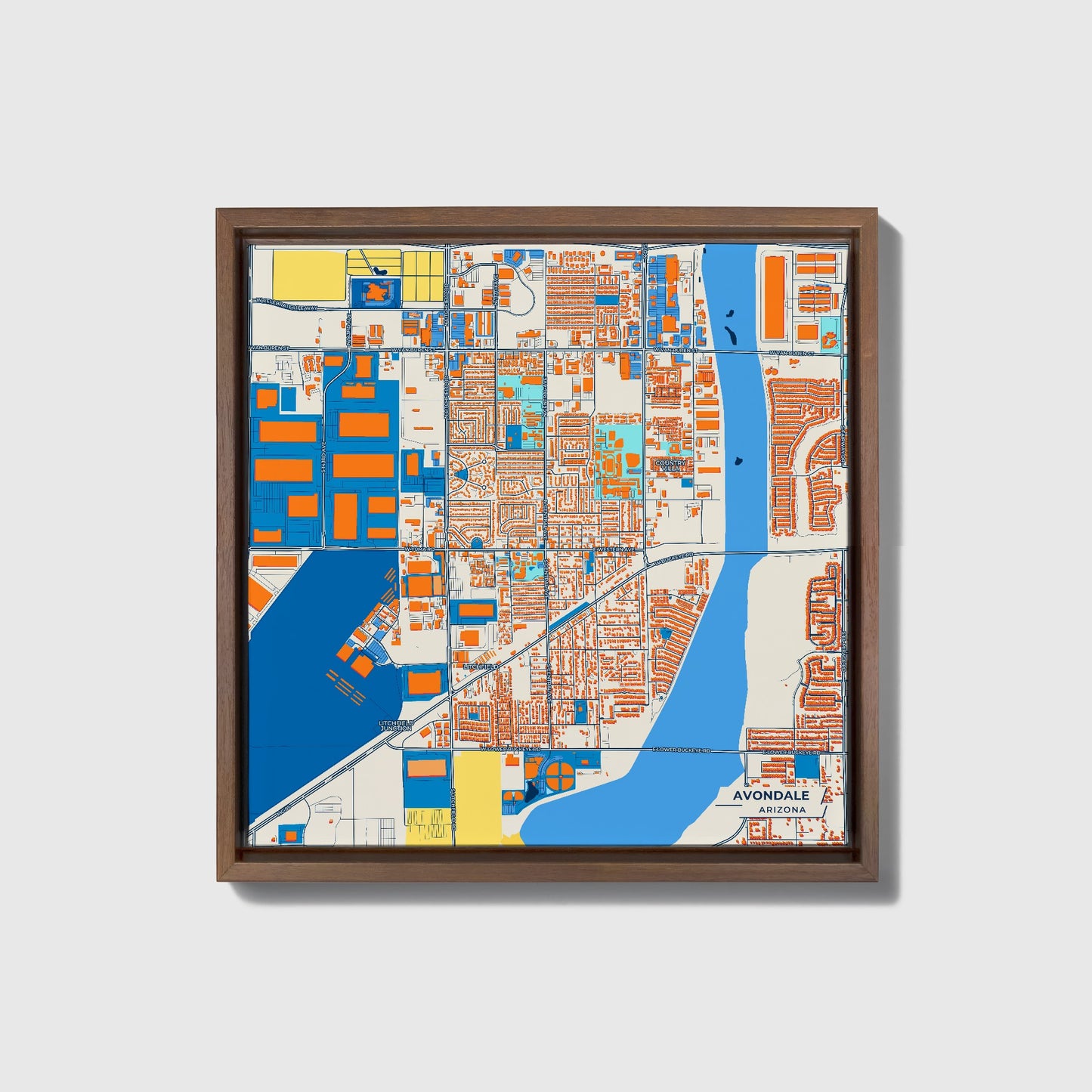 Avondale Arizona Colorful City Map Canvas Print • Dark Wooden Framed
