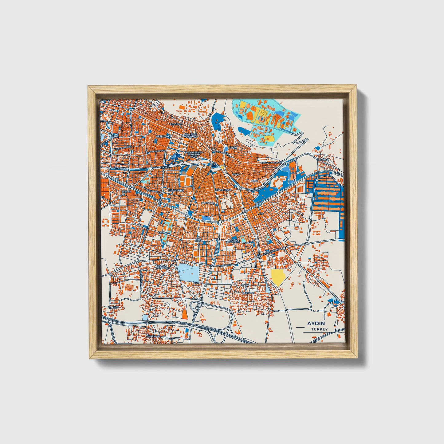 Aydin Turkey Colorful City Map Canvas Print • Natural Wooden Framed