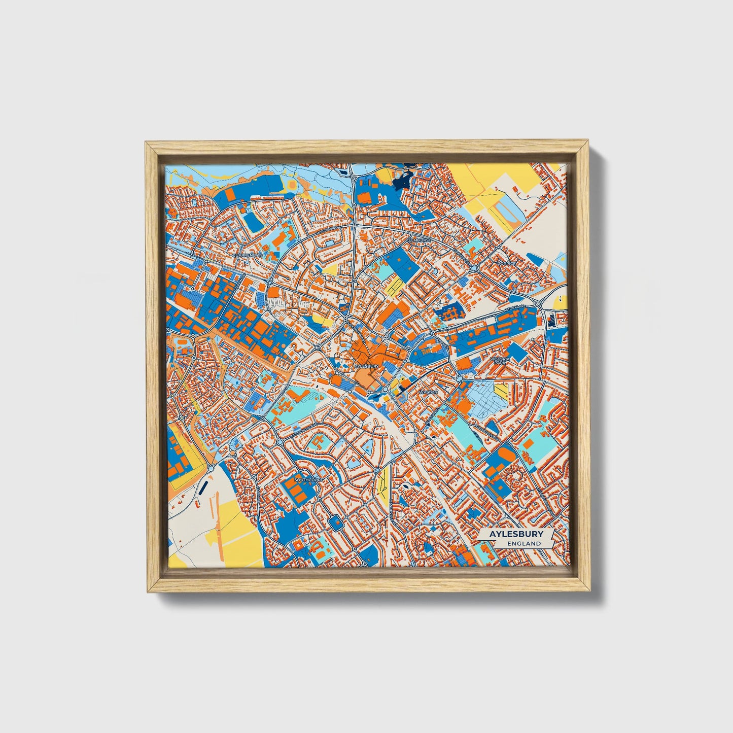 Aylesbury England Colorful City Map Canvas Print • Natural Wooden Framed