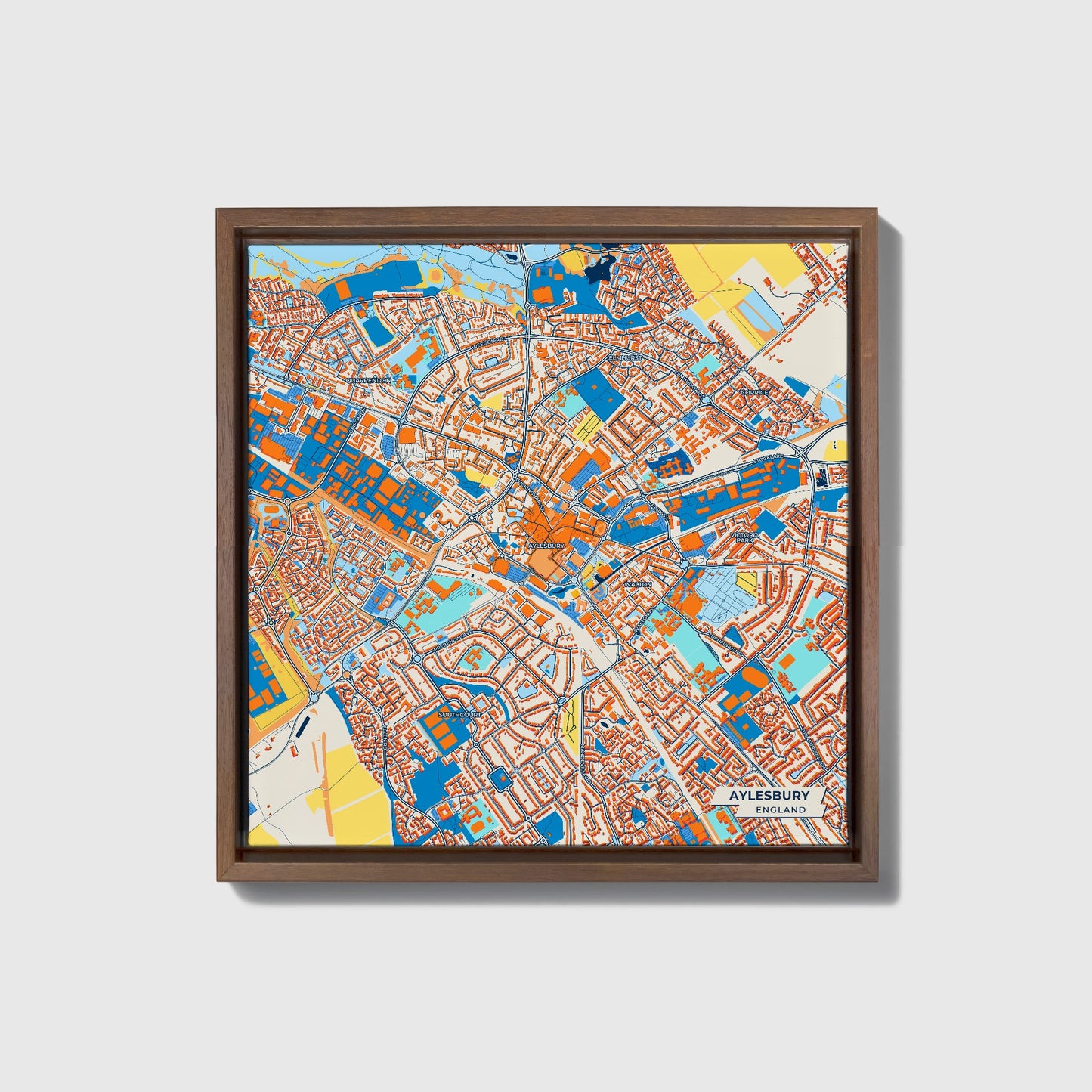 Aylesbury England Colorful City Map Canvas Print • Dark Wooden Framed
