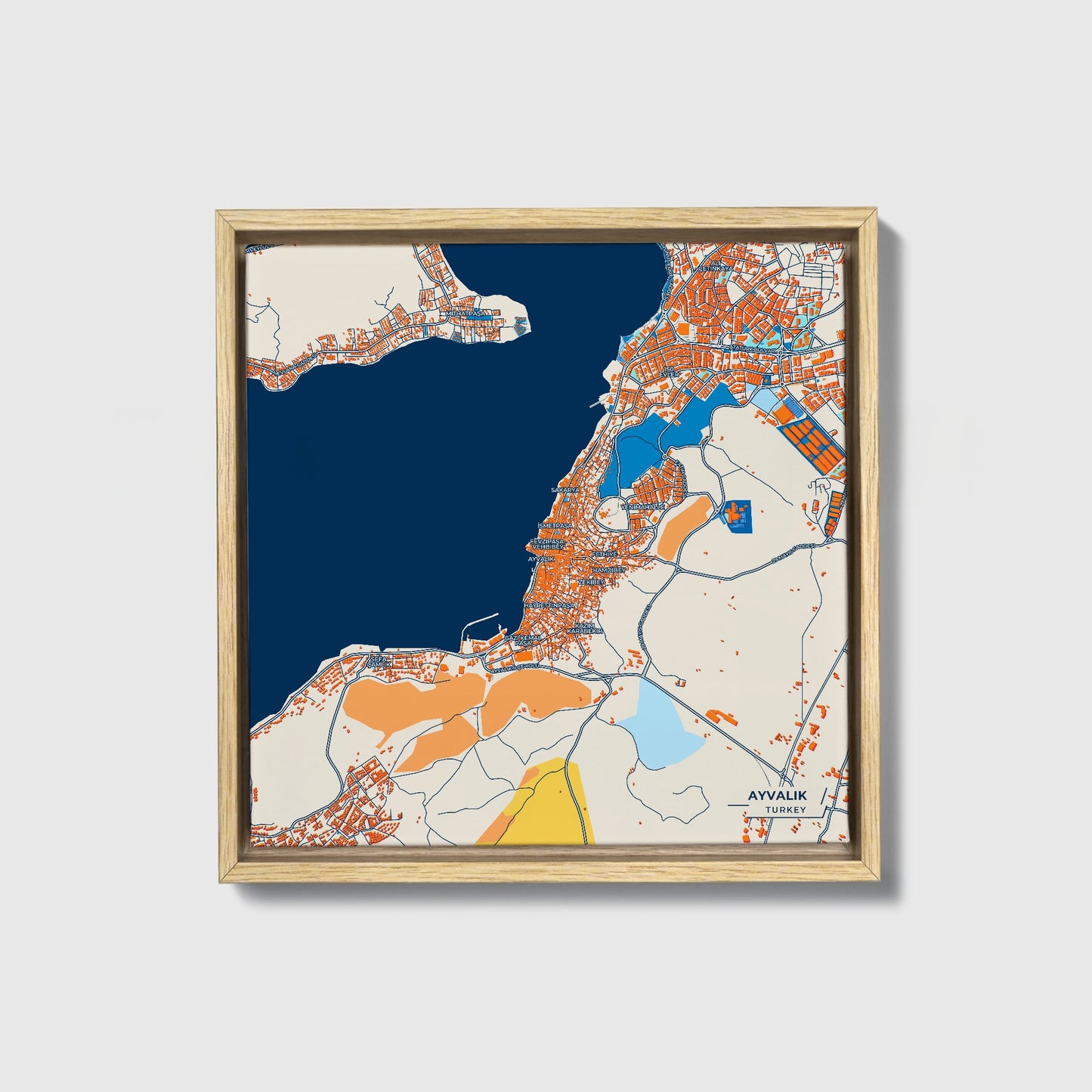 Ayvalik Turkey Colorful City Map Canvas Print • Natural Wooden Framed