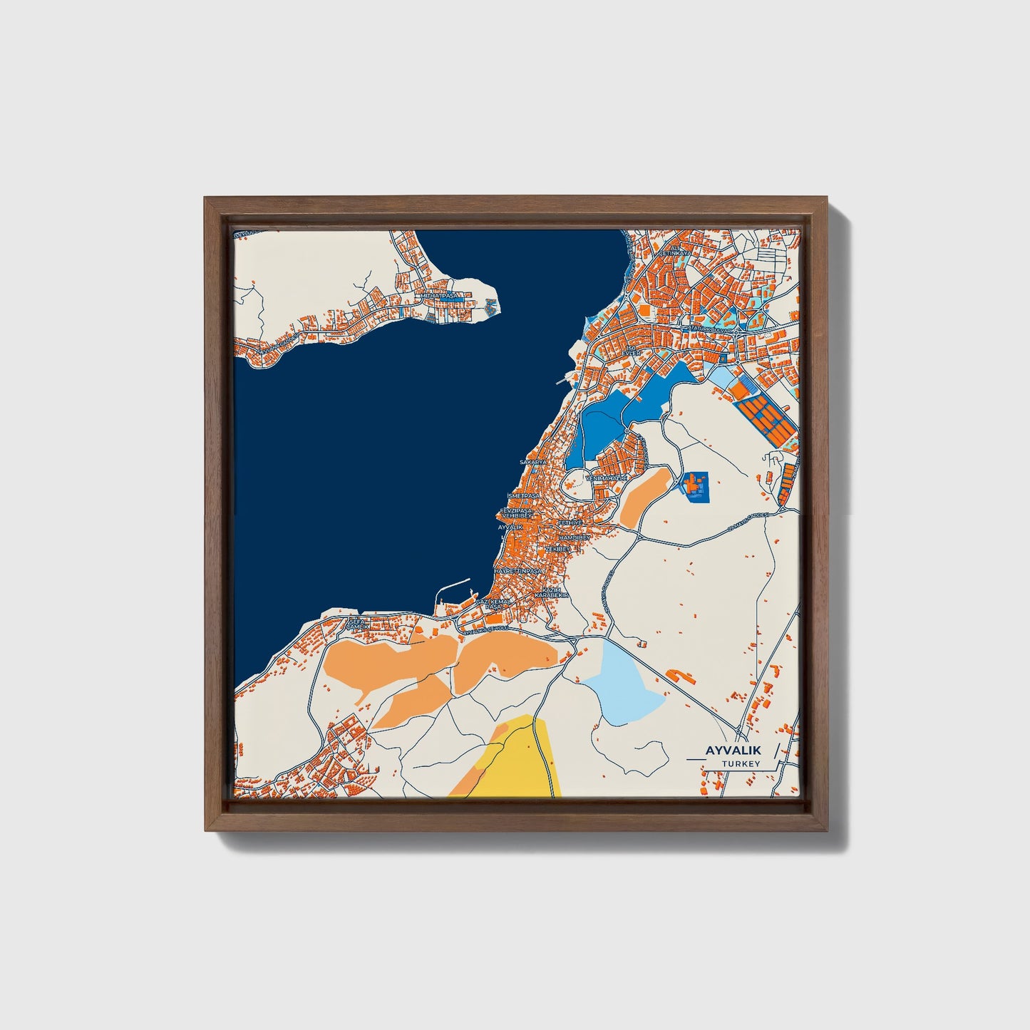 Ayvalik Turkey Colorful City Map Canvas Print • Dark Wooden Framed