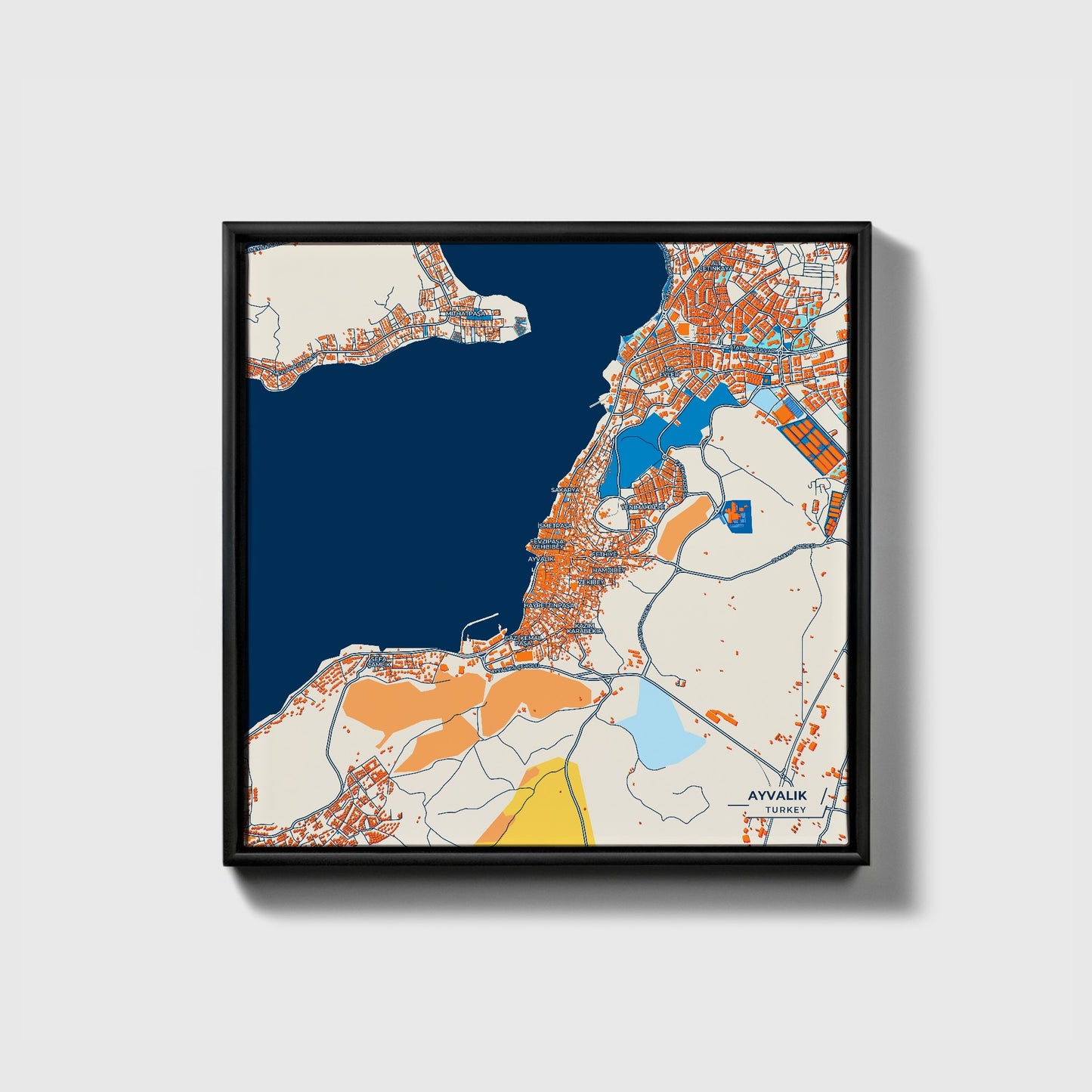 Ayvalik Turkey Colorful City Map Canvas Print • Black Framed
