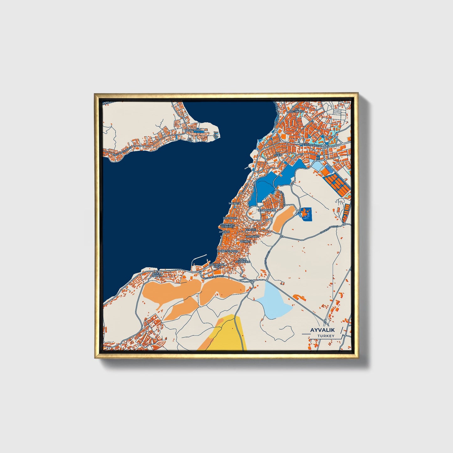 Ayvalik Turkey Colorful City Map Canvas Print • Gold Framed