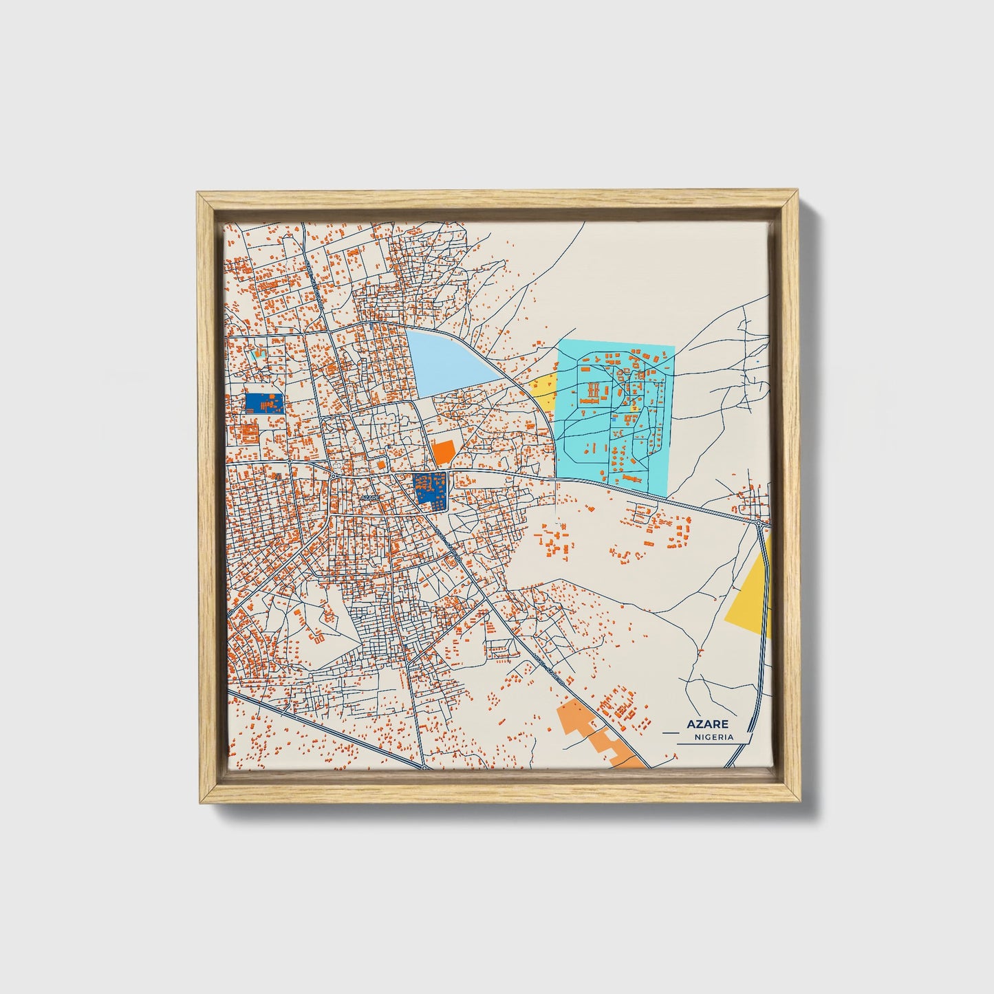 Azare Nigeria Colorful City Map Canvas Print • Natural Wooden Framed