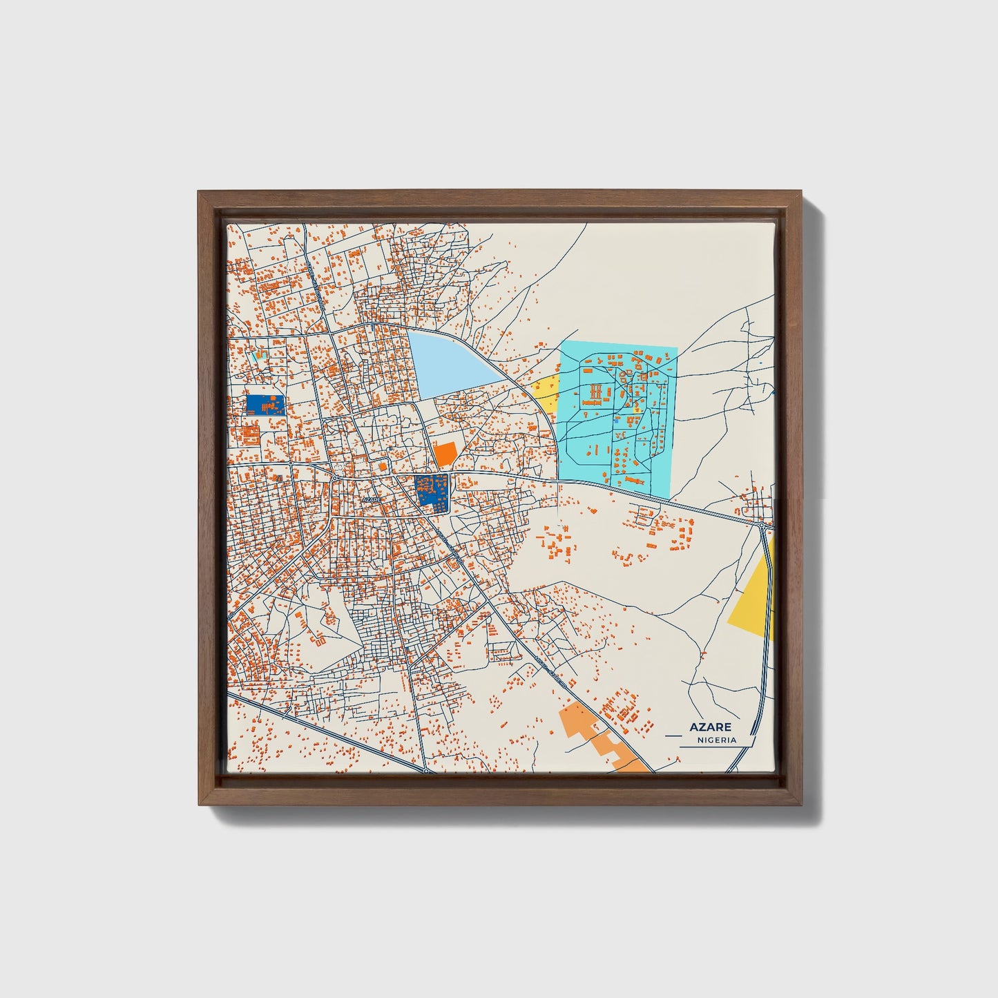Azare Nigeria Colorful City Map Canvas Print • Dark Wooden Framed